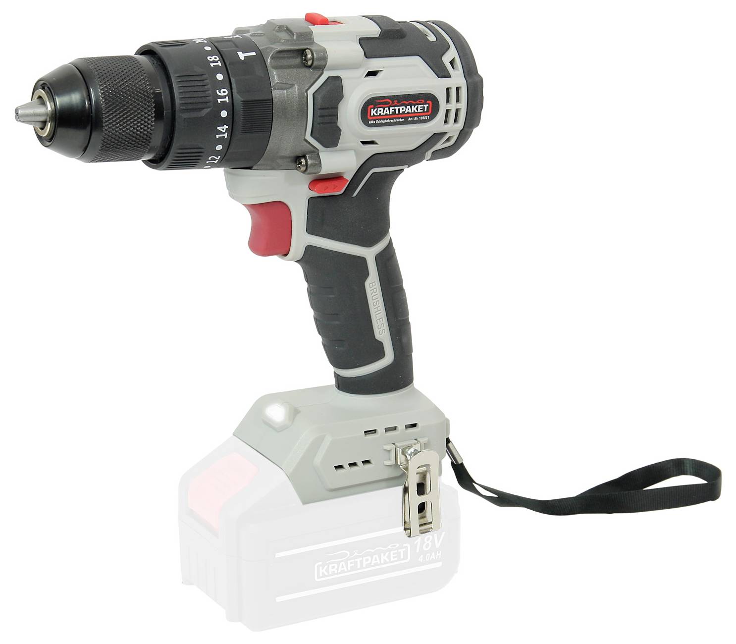 Akkuschrauber mit grauem und schwarzem Design, rotem Akzent und abnehmbaren Akkupack. 18V-Modell, geeignet für Bauarbeiten.