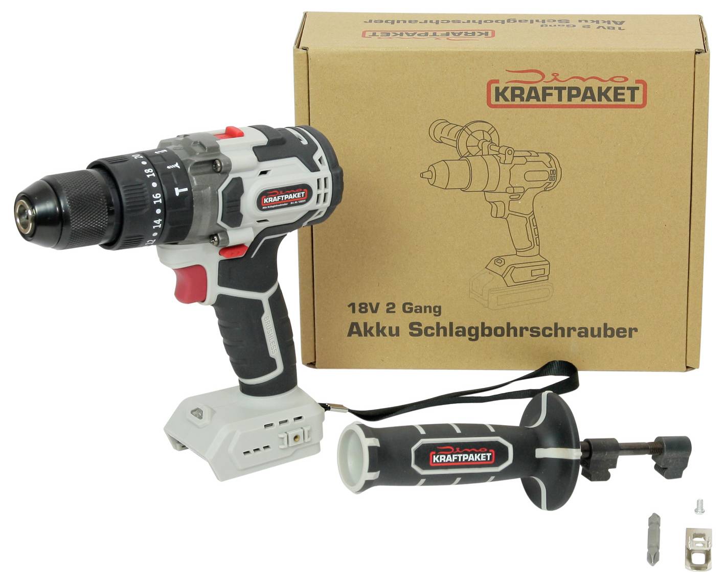 Ein 'Kraftpaket' Marken-Akkuschlagbohrschrauber mit Zubehör, abgebildet vor seiner Verpackung. Geeignet für Heimwerkerprojekte.