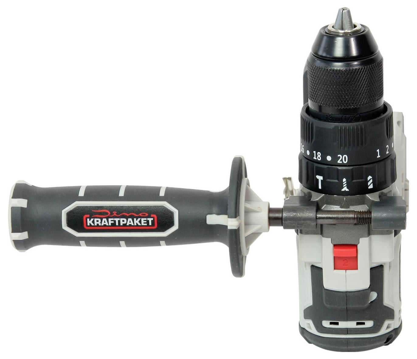 Akkubohrmaschine mit einem schwarzen Griff, einem roten Schalter und Drehmomenteinstellungen. Hauptsächlich in Grau und Schwarz gehalten.