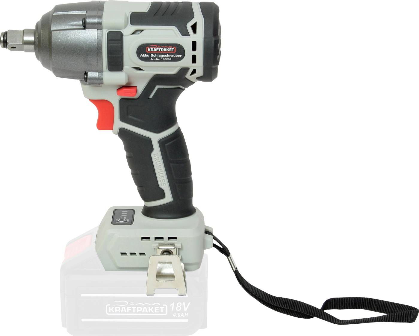 Akku-Schlagschrauber mit 18V Lithium-Ionen-Akku, ergonomischem Griff und Handgelenksband. Batteriefach und Gurt im unteren Bereich.