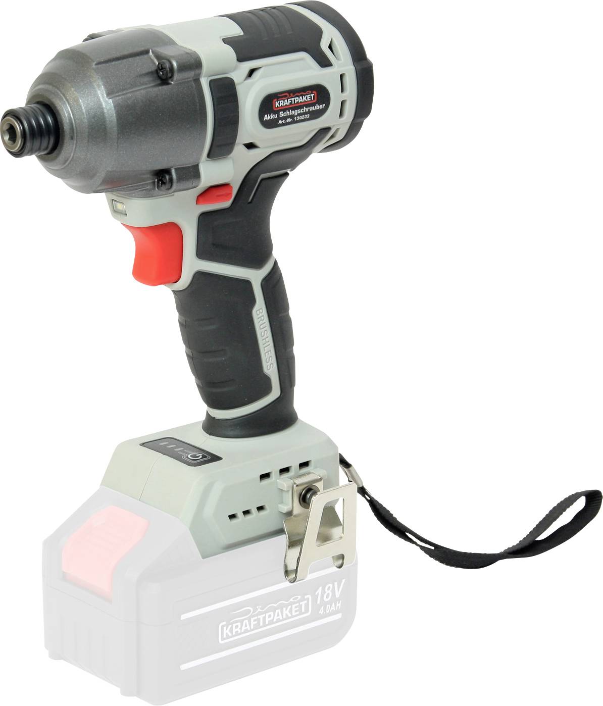 Ein Akku-Schlagschrauber mit ergonomischem Griff und 18V-Batterie. Geeignet für Schraubarbeiten in Werkstatt oder Heimwerkstatt.