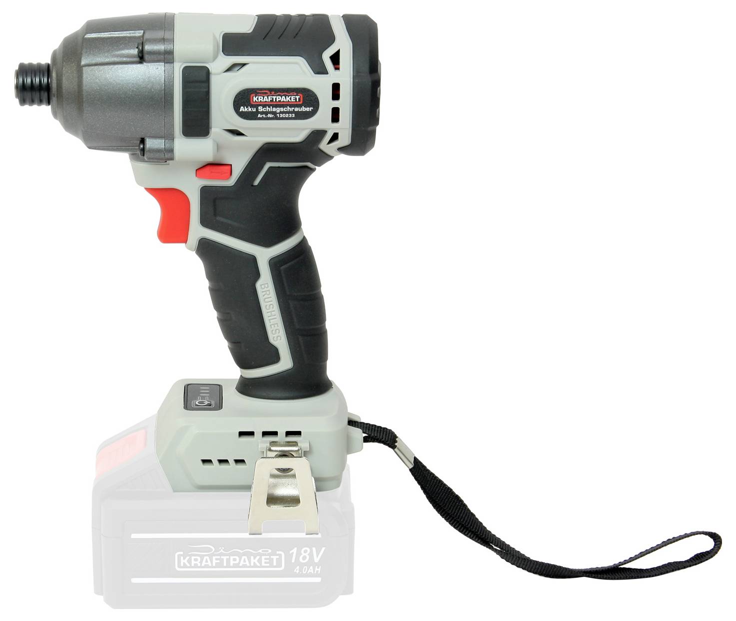 Akkuschrauber mit grauem und schwarzem Gehäuse, roter Taste und schwarzem Handgelenkband. Akku befindet sich unten.