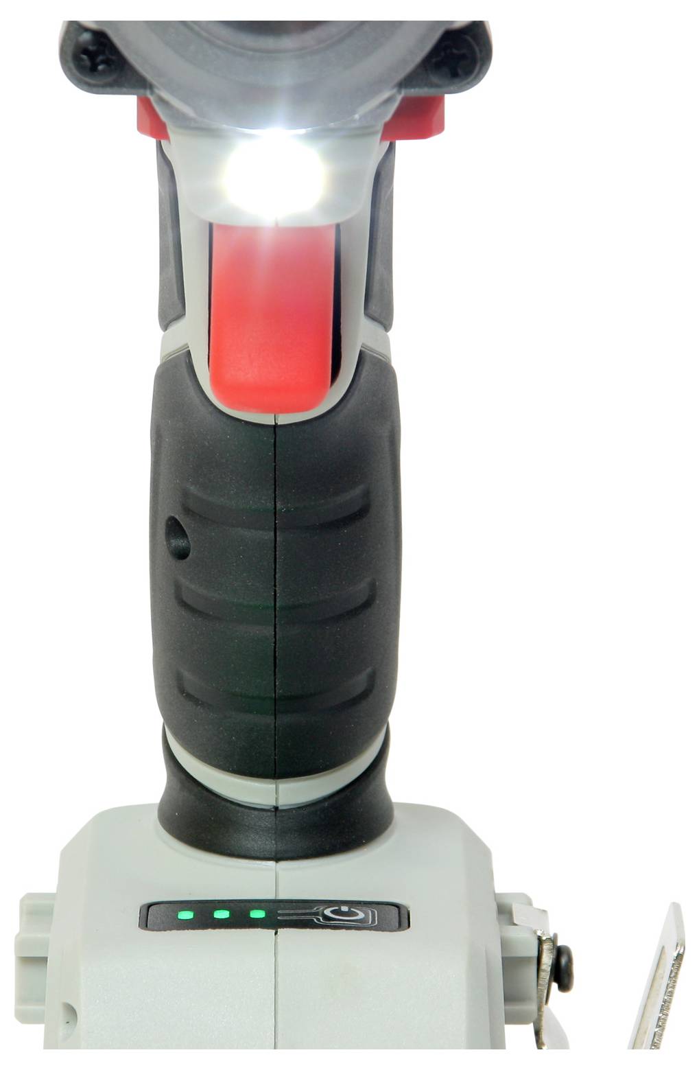 Akkuschrauber mit leuchtender LED und schwarzem Griff, zeigt Ladeanzeige mit vier grünen Lichtern. Ideal für Heimwerkerprojekte.