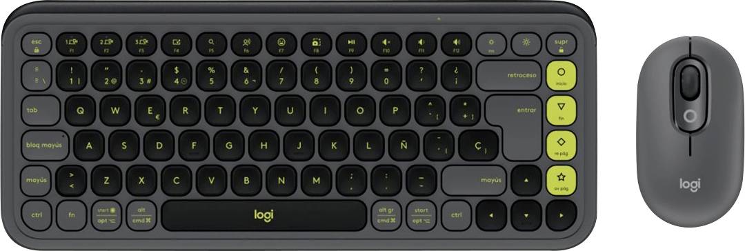 Schwarze drahtlose Tastatur und Maus mit gelben Akzenten, kompakt gestaltet, geeignet für mobile Geräte und kabellose Bedienung.