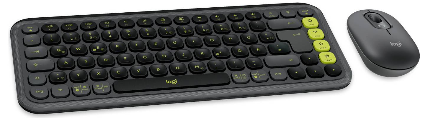 Kabelloses schwarzes Keyboard und Maus-Set mit gelben Akzenten, geeignet für effiziente Computerarbeit.