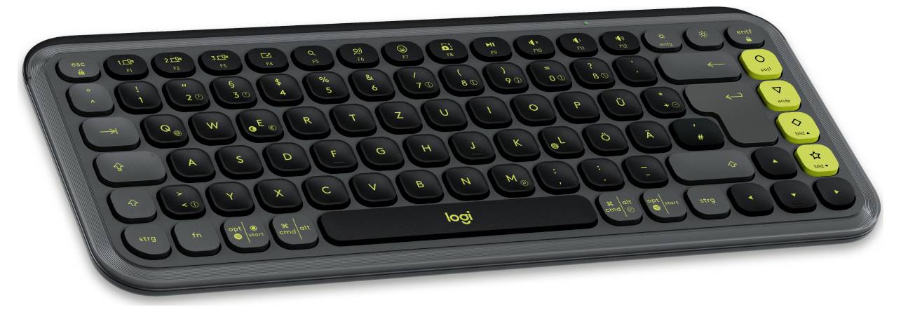 Kabellose Tastatur in Schwarz und Gelb. Kompaktes Design mit runden Tasten. Geeignet für mobilen Gebrauch.