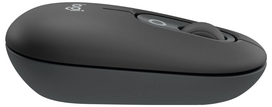 Kabellose, schwarze Computermaus von der Seite, mit mittig positioniertem Scrollrad.