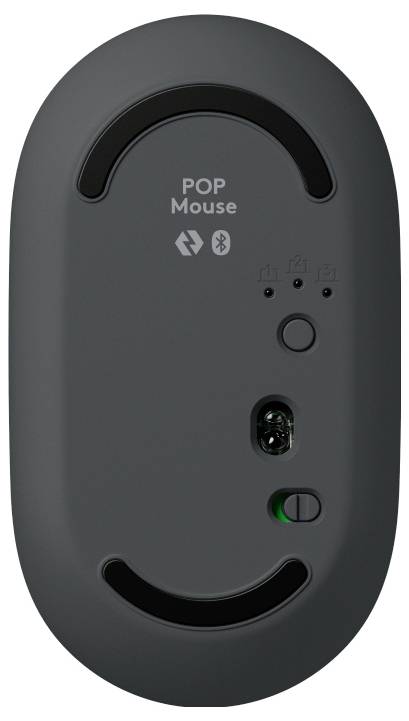 Die Rückseite einer dunkelgrauen Computermaus mit Schriftzug 'POP Mouse' und Bluetooth-Symbol. Enthält ein Sensor und Schalter.