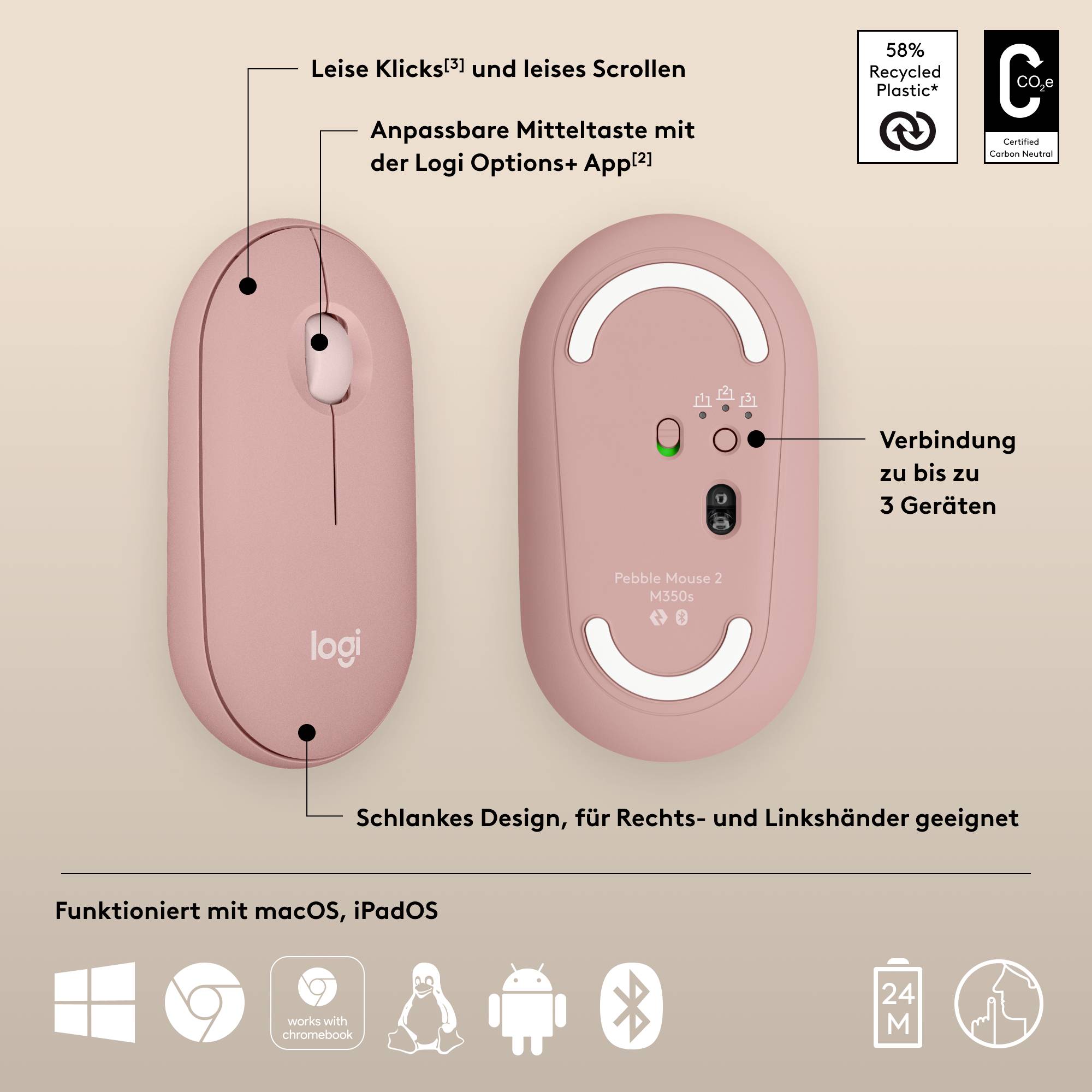 Logitech Pebble Mouse 2 M350s - TONAL ROSE - EMEA-808 Maus Bluetooth® Optisch Rose 3 Tasten 400 dpi, 4000 dpi Integriertes