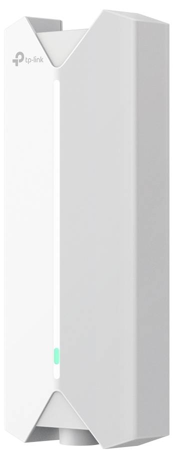 Ein weißer, rechteckiger WLAN-Router mit einer vertikalen LED-Leiste vorne. Das TP-Link-Logo ist oben links zu sehen.