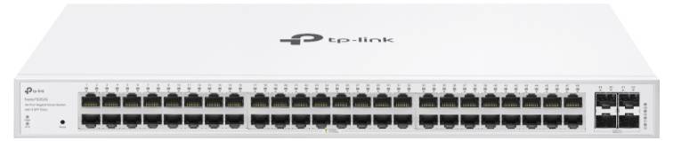 Ein TP-Link Netzwerk-Switch mit 48 Ethernet-Ports und 4 zusätzlichen Steckplätzen, geeignet für die Verbindung mehrerer Geräte in einem Netzwerk.
