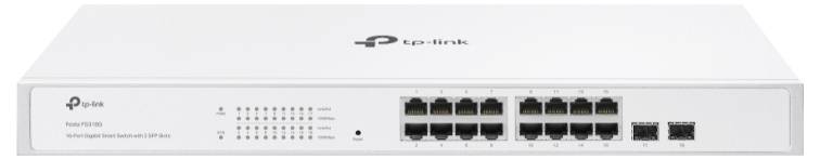 Ein weißer TP-Link-Switch mit mehreren Ethernet-Ports und LEDs auf der Vorderseite, Modellnummer T2600G-18TS.