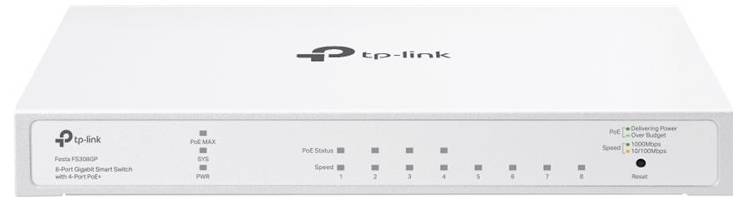 Ein weißer Netzwerk-Switch von TP-Link mit acht Ethernet-Anschlüssen und mehreren Status-LEDs auf der Vorderseite zur Verbindung mehrerer Geräte.