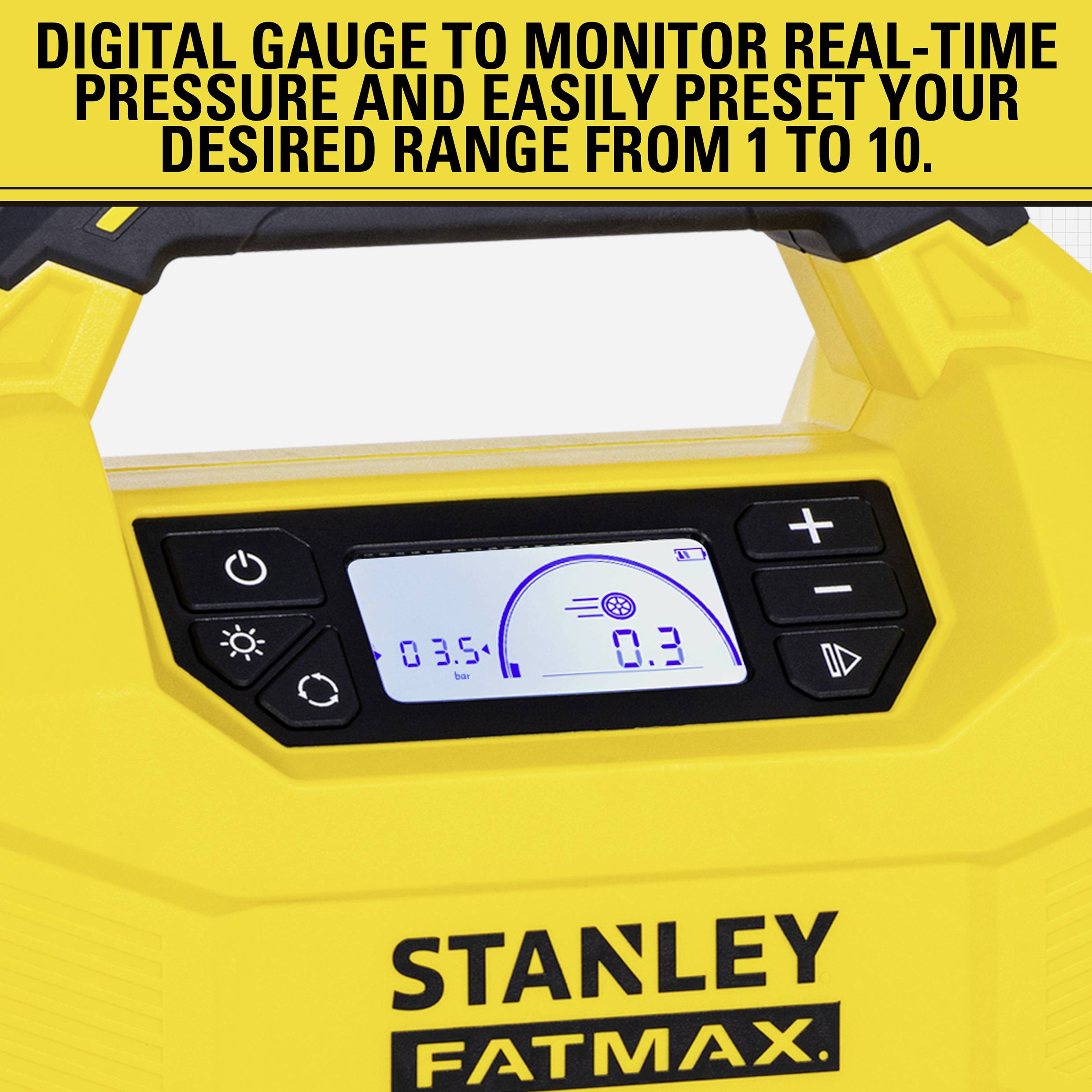STANLEY SXVI02001 Akku-Kompressor 10 bar 12V Adapter zum Betrieb per Kabel, Digitales Display