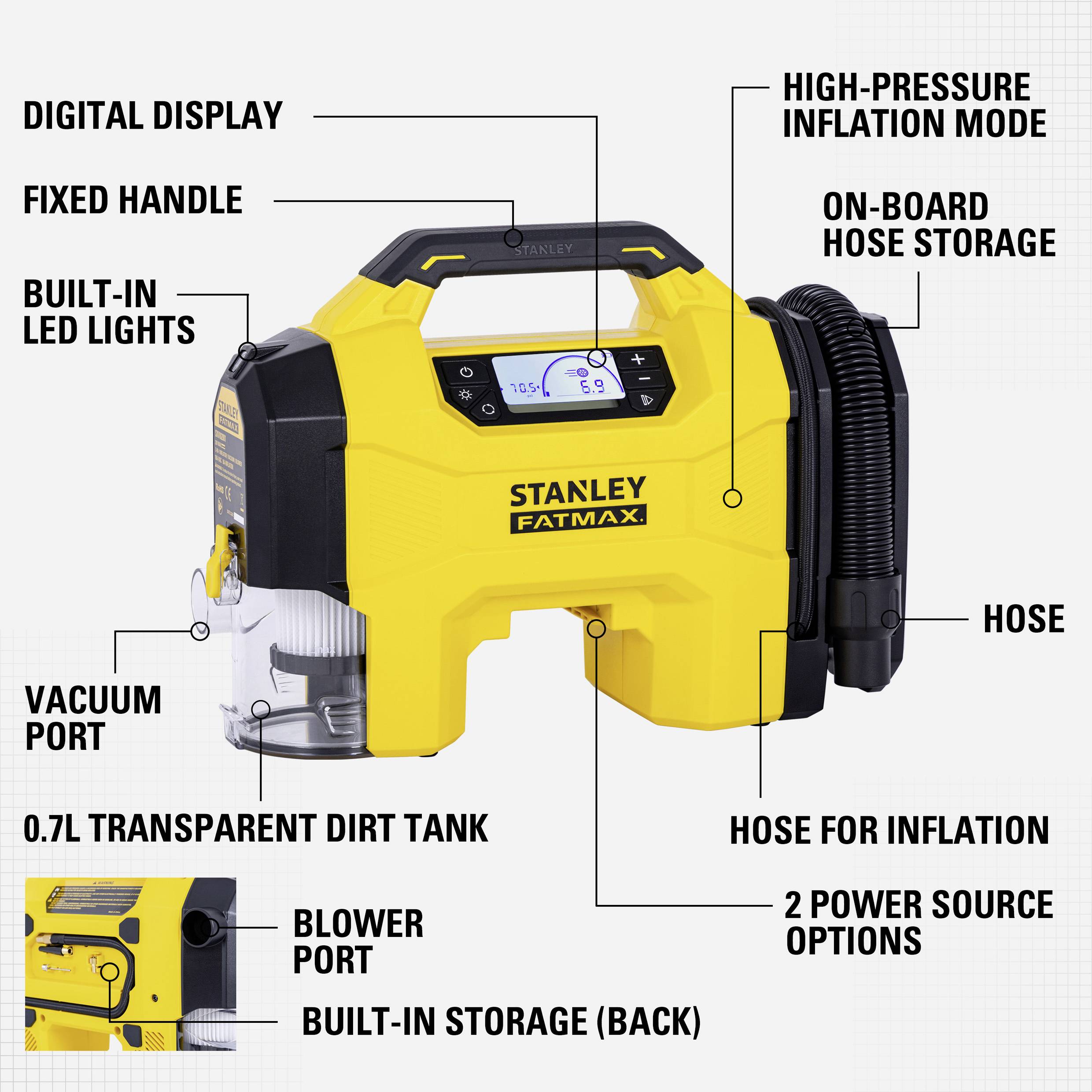 STANLEY SXVI02001 Akku-Kompressor 10 bar 12V Adapter zum Betrieb per Kabel, Digitales Display