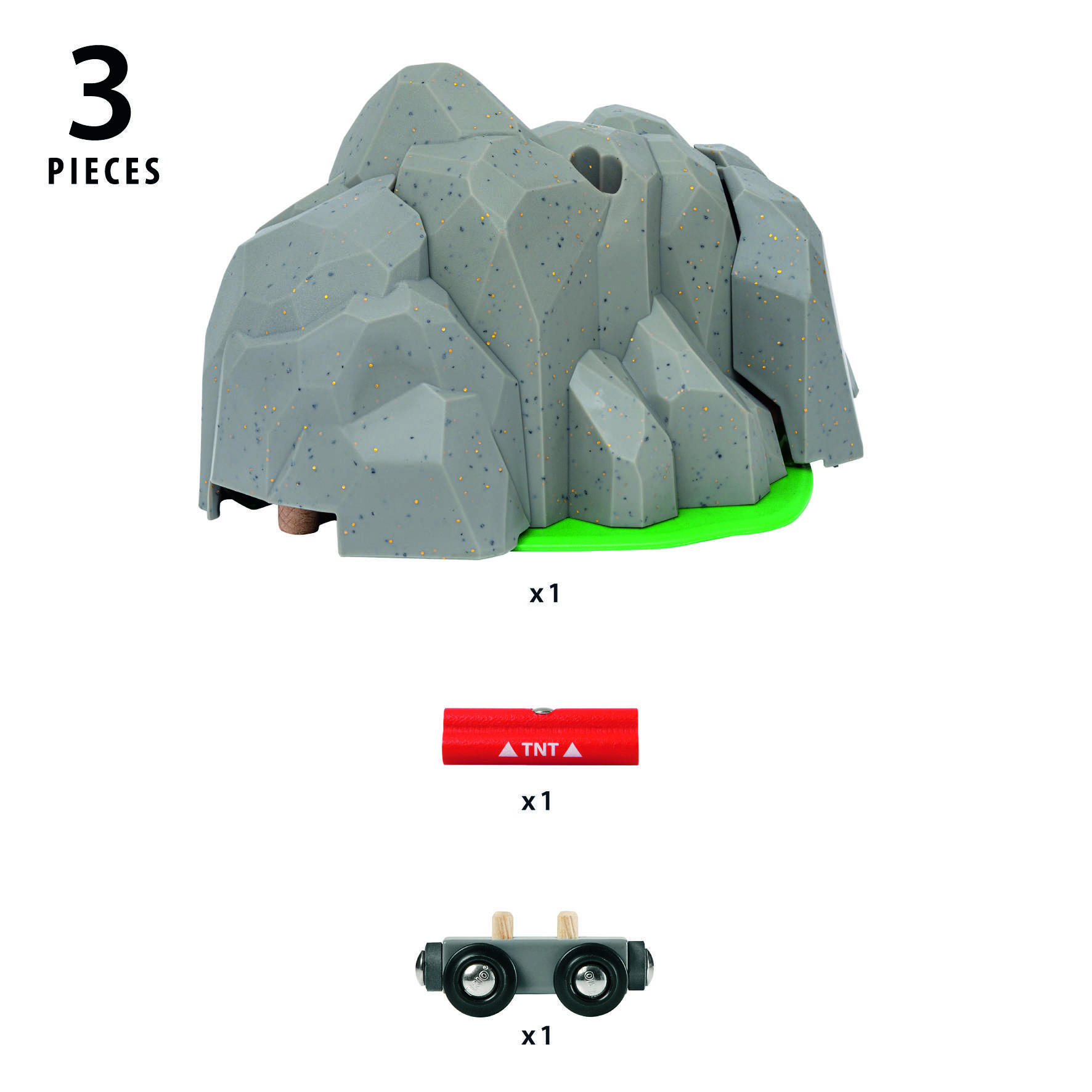 Graues Felsen-Spielzeug mit grünem Boden, eine rote TNT-Stange und schwarze Räder mit gelben Verbindungen. Teileanzahl: 3.