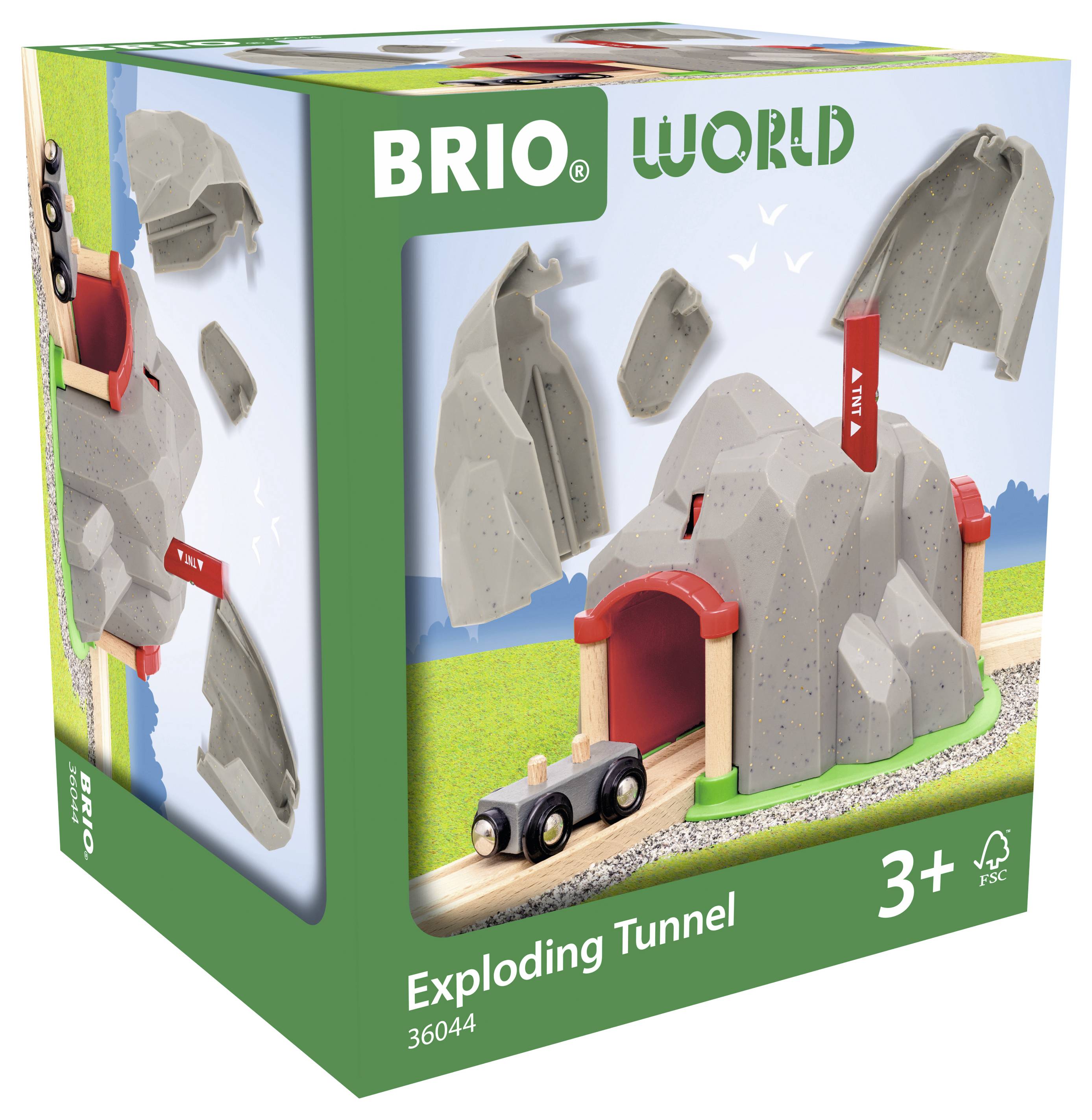 'BRIO World Exploding Tunnel' Spielzeugverpackung mit Bild eines Spielzeugzugs, der durch einen Tunnel fährt, abgebildet auf der Vorderseite. Geeignet ab 3 Jahren.