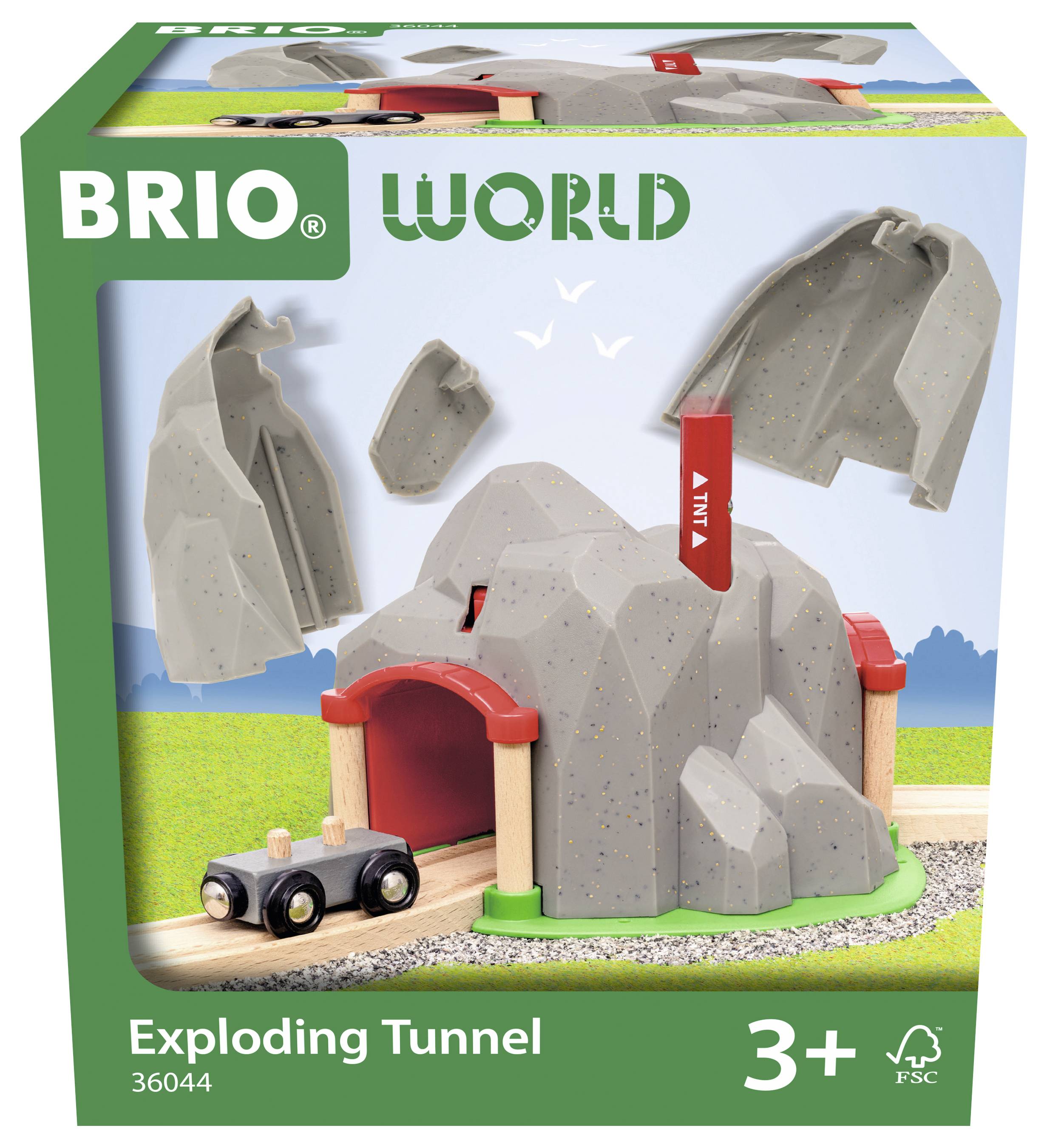 Spielzeugverpackung für 'BRIO World Exploding Tunnel', ab 3 Jahren. Zeigt Tunneldetail mit abnehmbaren Teilen und Holzspielzeugauto.