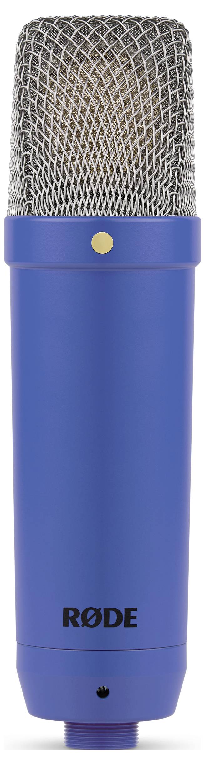 Ein blaues Rode-Mikrofon mit silbernem Gitter. Ideal für Studioaufnahmen und Podcasting.