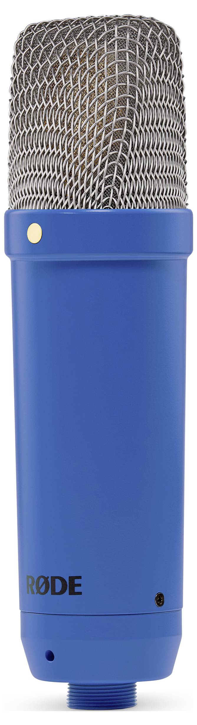 Blaues Studiomikrofon mit silbernem Gitter an der Oberseite.
