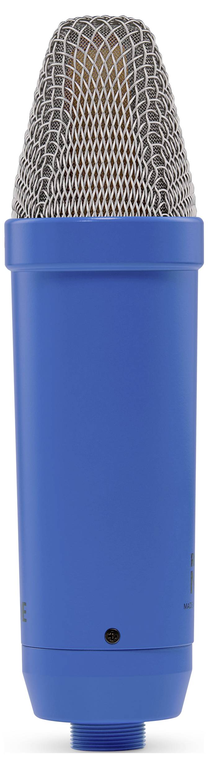 Blaues, zylindrisches Mikrofon mit silbernem Metallgitter oben, geeignet für Audioaufnahmen und Studioanwendungen.