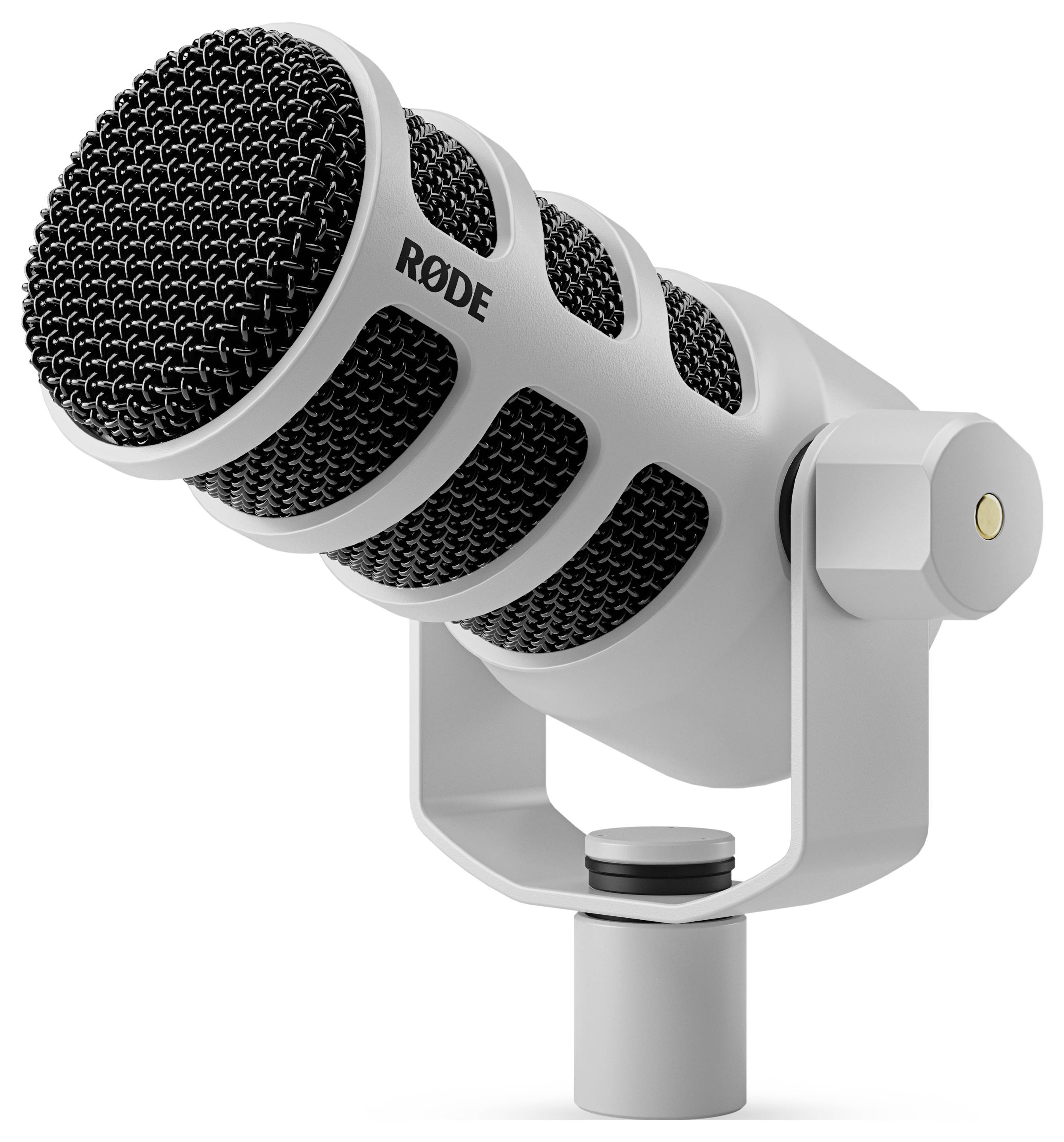 Ein silberfarbenes Podcast-Mikrofon mit einem schwarzen Gitter und RØDE-Logo an der Seite, geeignet für Tonaufnahmen.