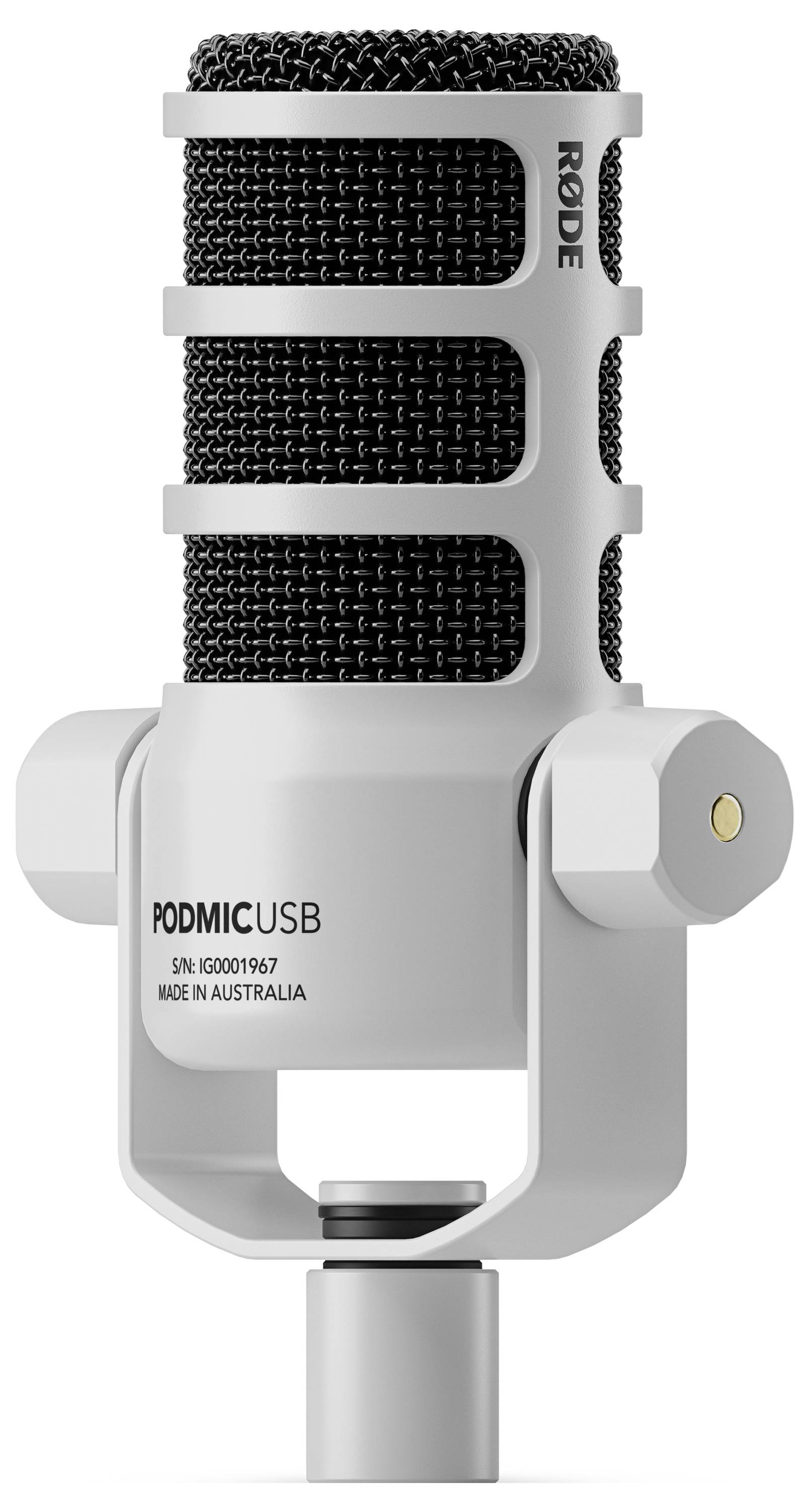 Weißes USB-Mikrofon mit schwarzem Gitter und Beschriftung 'PODMICUSB', montiert auf einer Halterung.