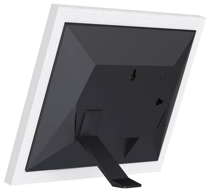 Ein digitaler Bilderrahmen in weißem Gehäuse, von hinten betrachtet, mit Standfuß.