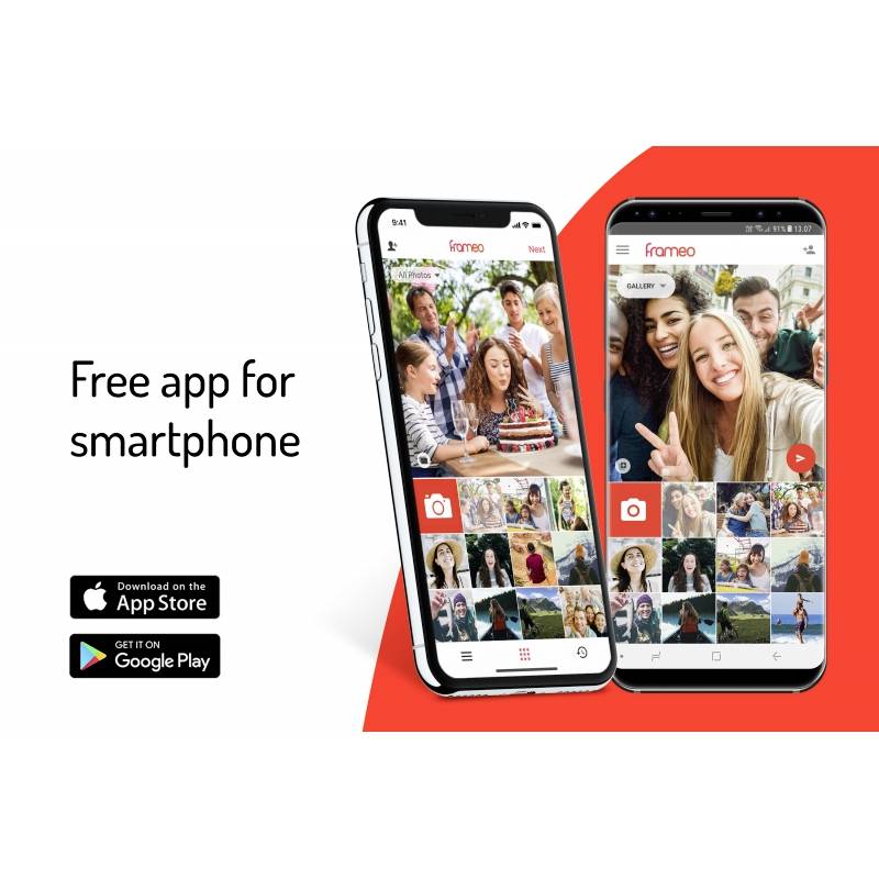 Zwei Smartphones mit der 'Frameo'-App zeigen Bilder von Personen. Text: 'Free app for smartphone'. Logos von App Store und Google Play.