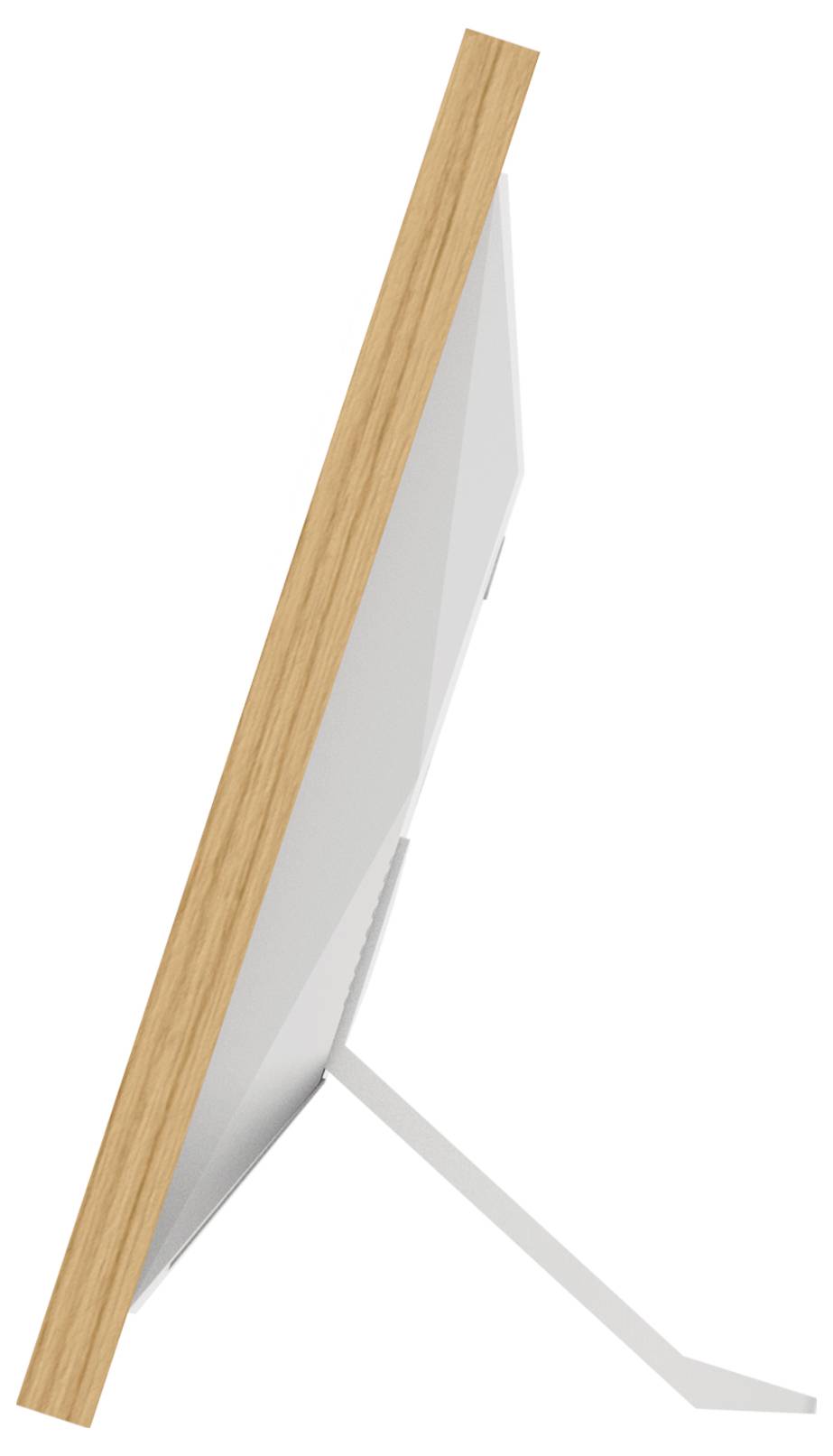 Seitenansicht eines modernen Computerbildschirms mit schmalem Holzrahmen und einem schlanken, silbernen Standfuß.