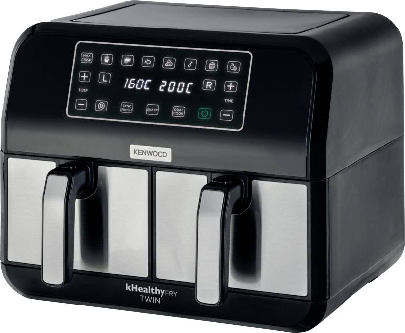 Schwarze Heißluftfritteuse mit zwei silbernen Fächern, rechteckigem Bedienfeld und digitalen Anzeigen für Temperatur und Timer.