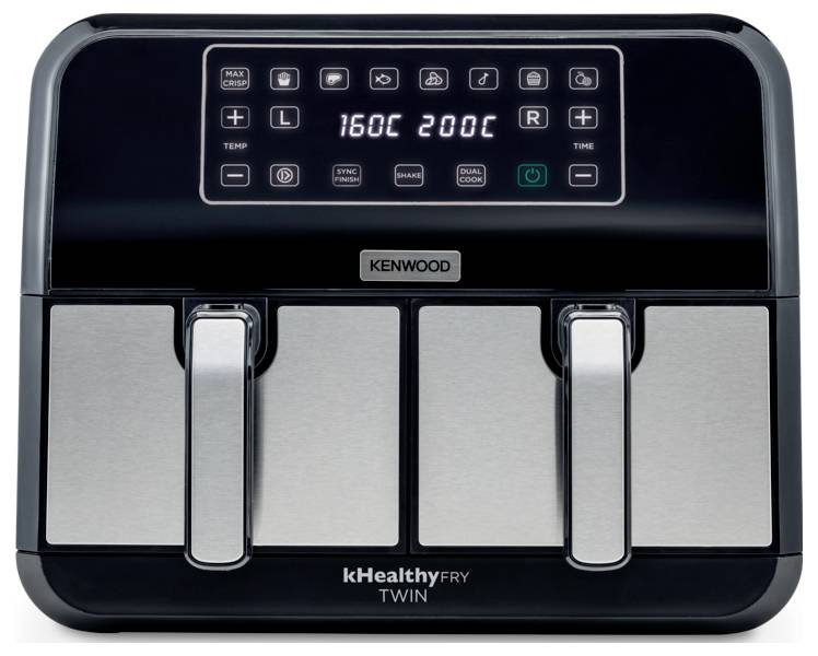 Doppelte Heißluftfritteuse in Edelstahloptik mit Display und Bedienelementen für Temperatur und Zeit. Markenname unten sichtbar.