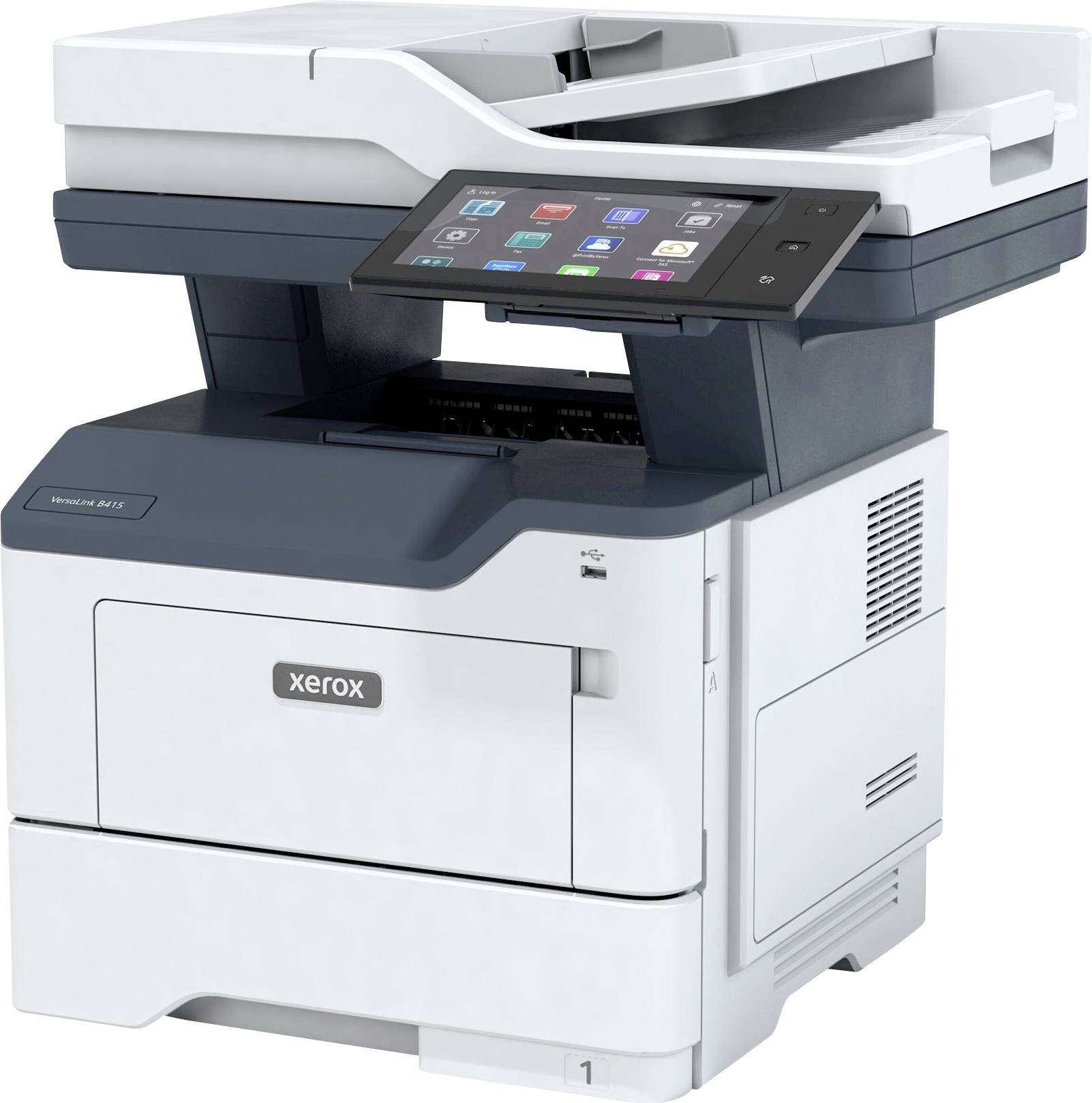Ein multifunktionaler Drucker mit Touchscreen-Display, geeignet für Büroanwendungen, zeigt verschiedene Icons für Druck-, Scan- und Kopierfunktionen.