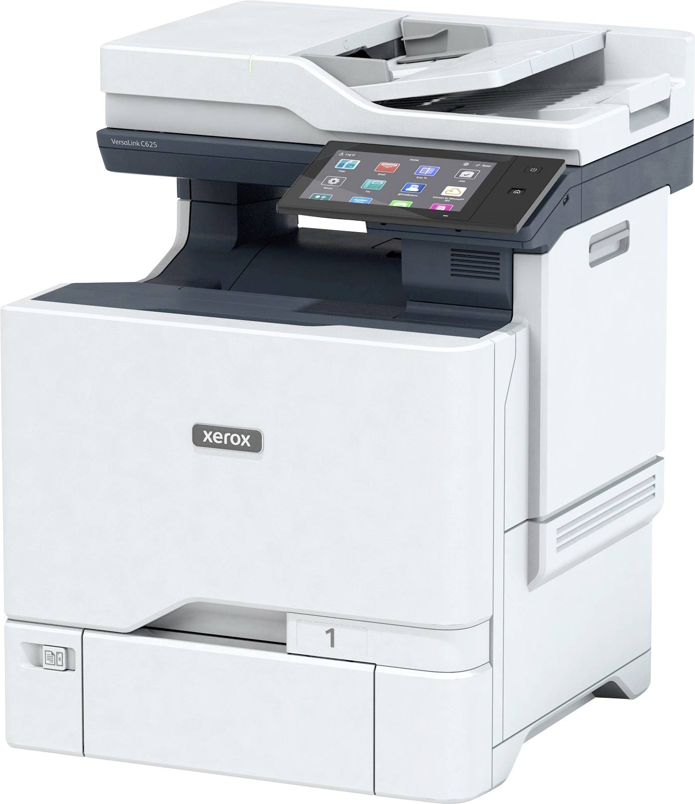 Ein weißer Multifunktionsdrucker mit Touchscreen-Bedienfeld. Der Drucker hat Papierzufuhren unten und verschiedene Menüoptionen auf dem Display.