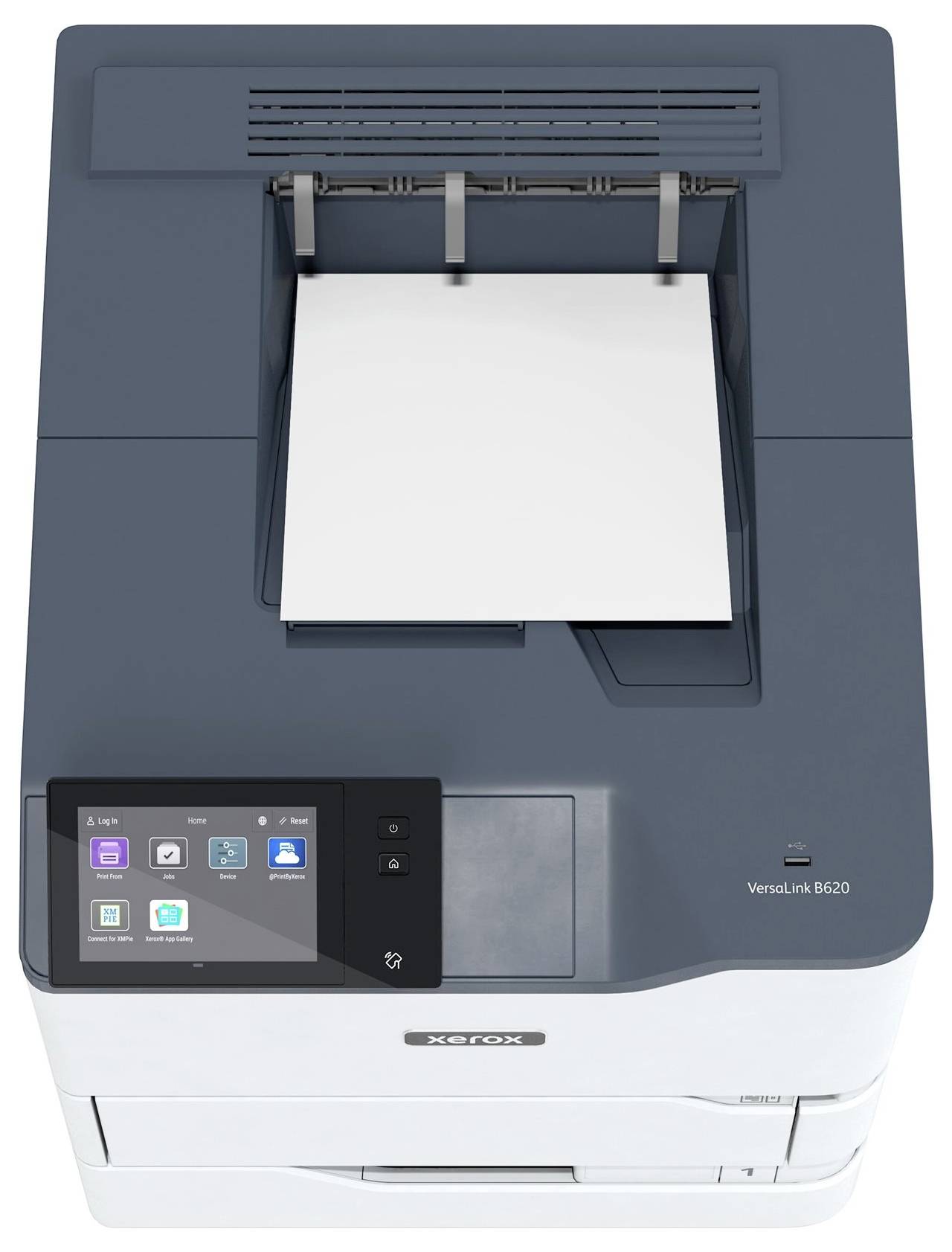 Ein Schwarz-Weiß-Drucker mit einem Display. Oben liegt Papier im Ausgabefach. Der Drucker hat verschiedene Bedienknöpfe.