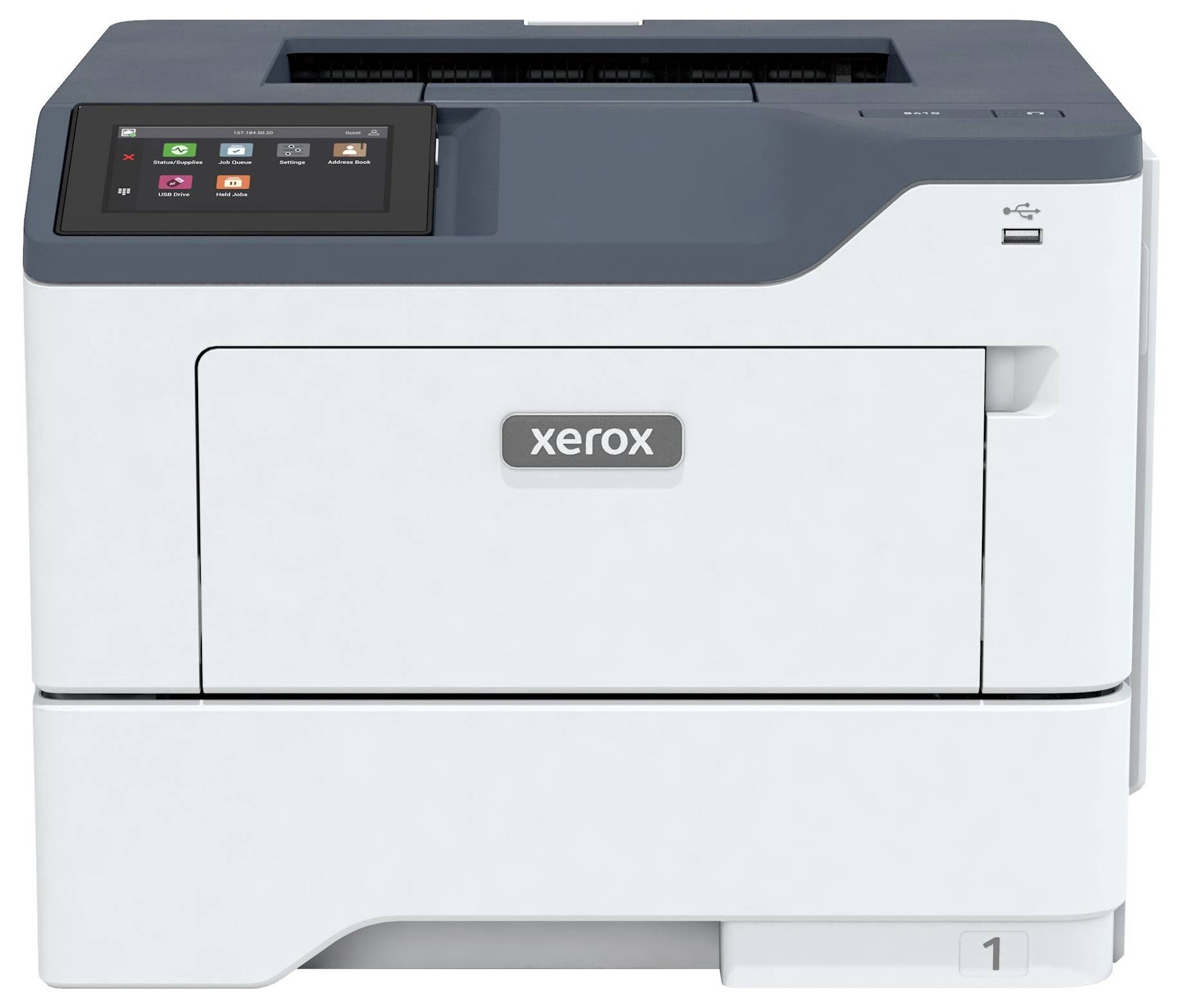 Ein weißer Drucker mit grauem oberen Bereich und digitalem Display auf der linken Seite, USB-Anschluss oben rechts.