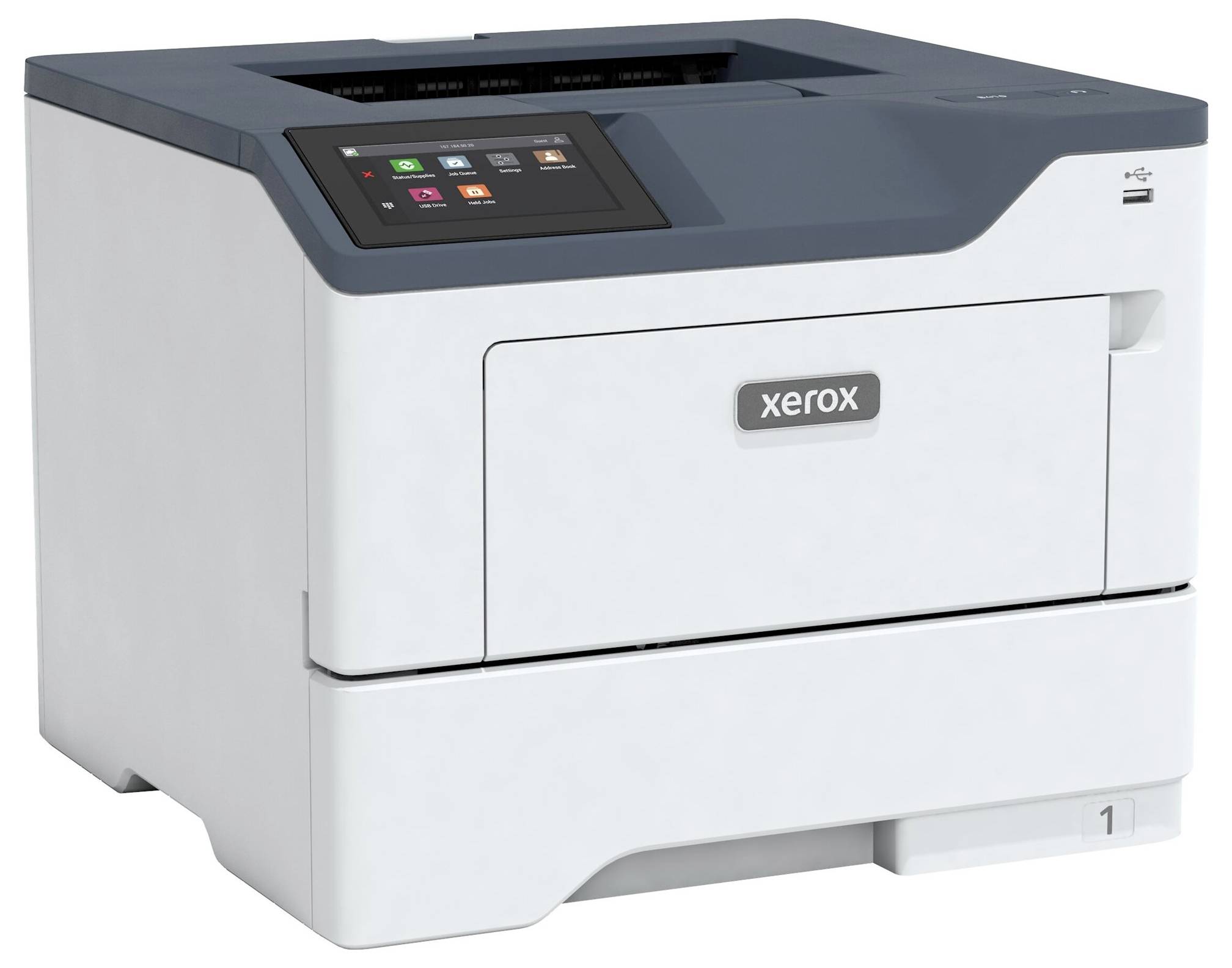 Ein moderner, grauer Drucker mit einem digitalen Bedienfeld oben. Das Markenlogo befindet sich vorne auf dem Drucker.