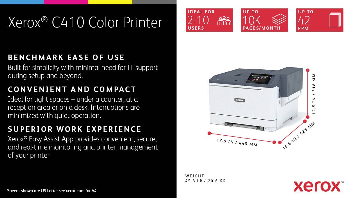 Drucker-Modell Xerox C410, ideal für 2-10 Nutzer, bis zu 10.000 Seiten/Monat, 42 Seiten/Minute, kompakt und benutzerfreundlich.