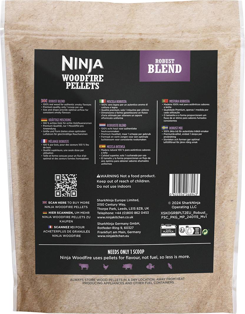 Verpackung von Ninja Woodfire Pellets, Sorte Robust Blend. Enthält Informationen zu Inhaltsstoffen und Gebrauchsanweisung. Nicht essbar.