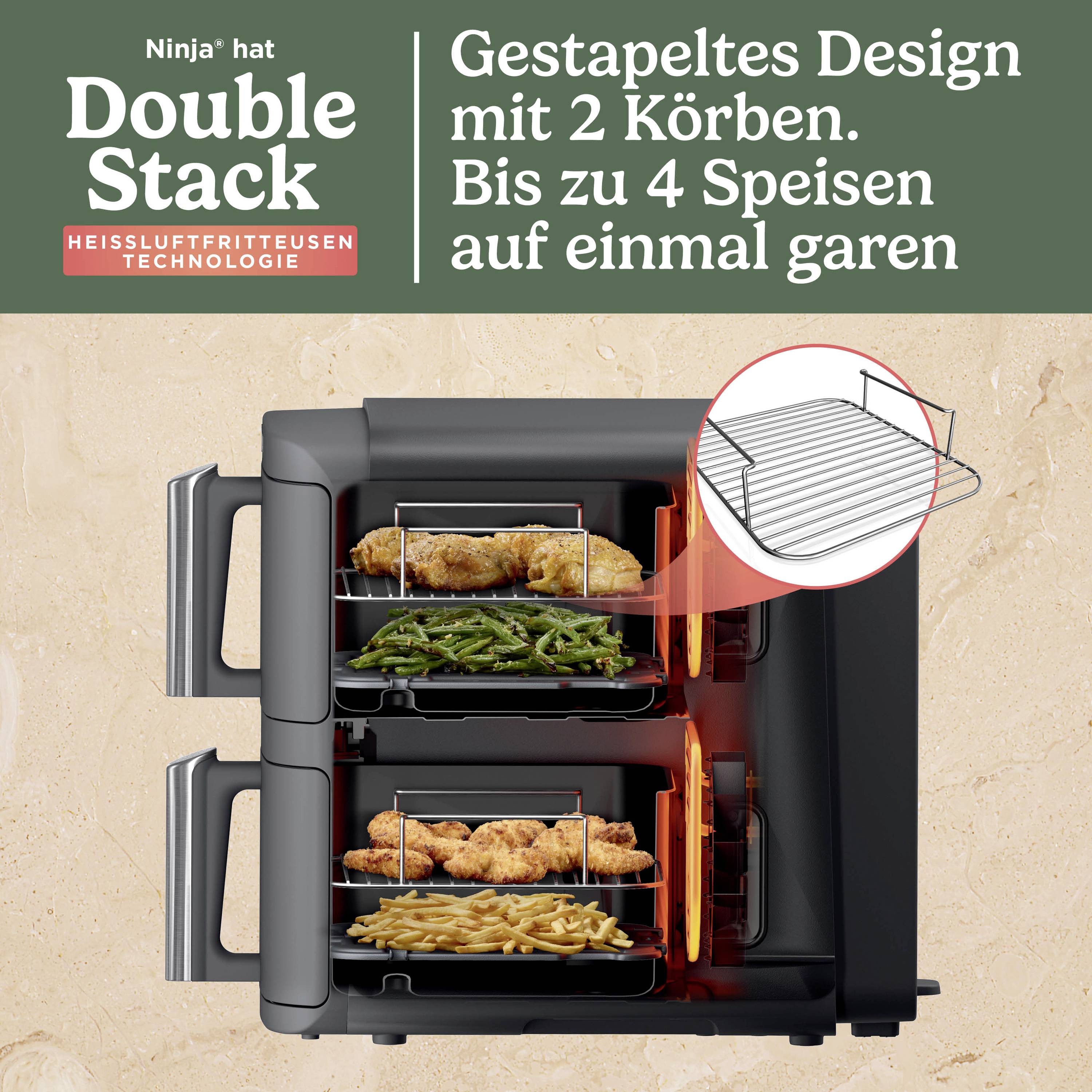 Heißluftfritteuse mit doppeltem Körbchen-Design zeigt zwei Ebenen mit Speisen im Gerät und bietet Platz für bis zu vier Gerichte.