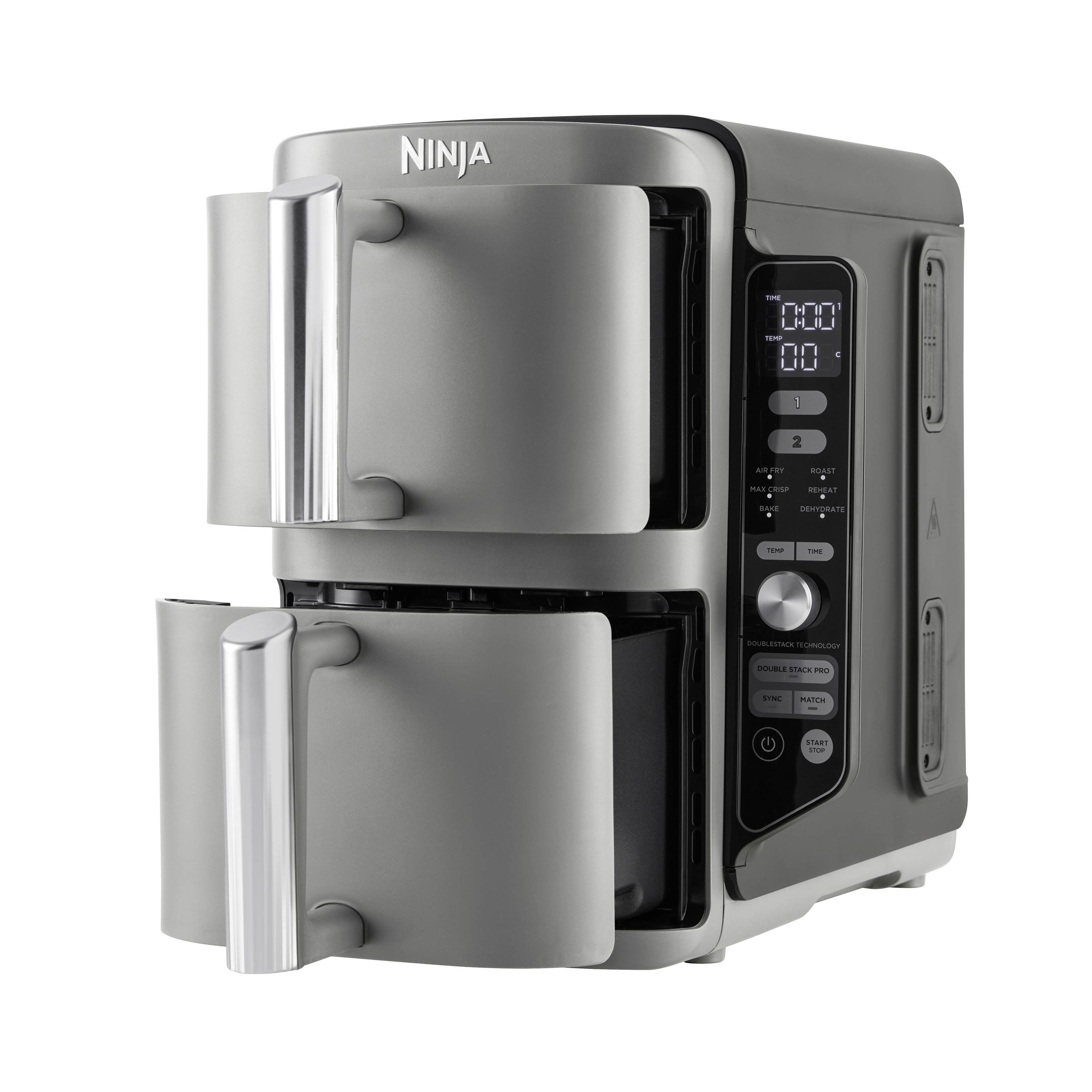 Eine graue Doppel-Heißluftfritteuse mit zwei Schubladen und digitalen Bedienelementen auf der rechten Seite.