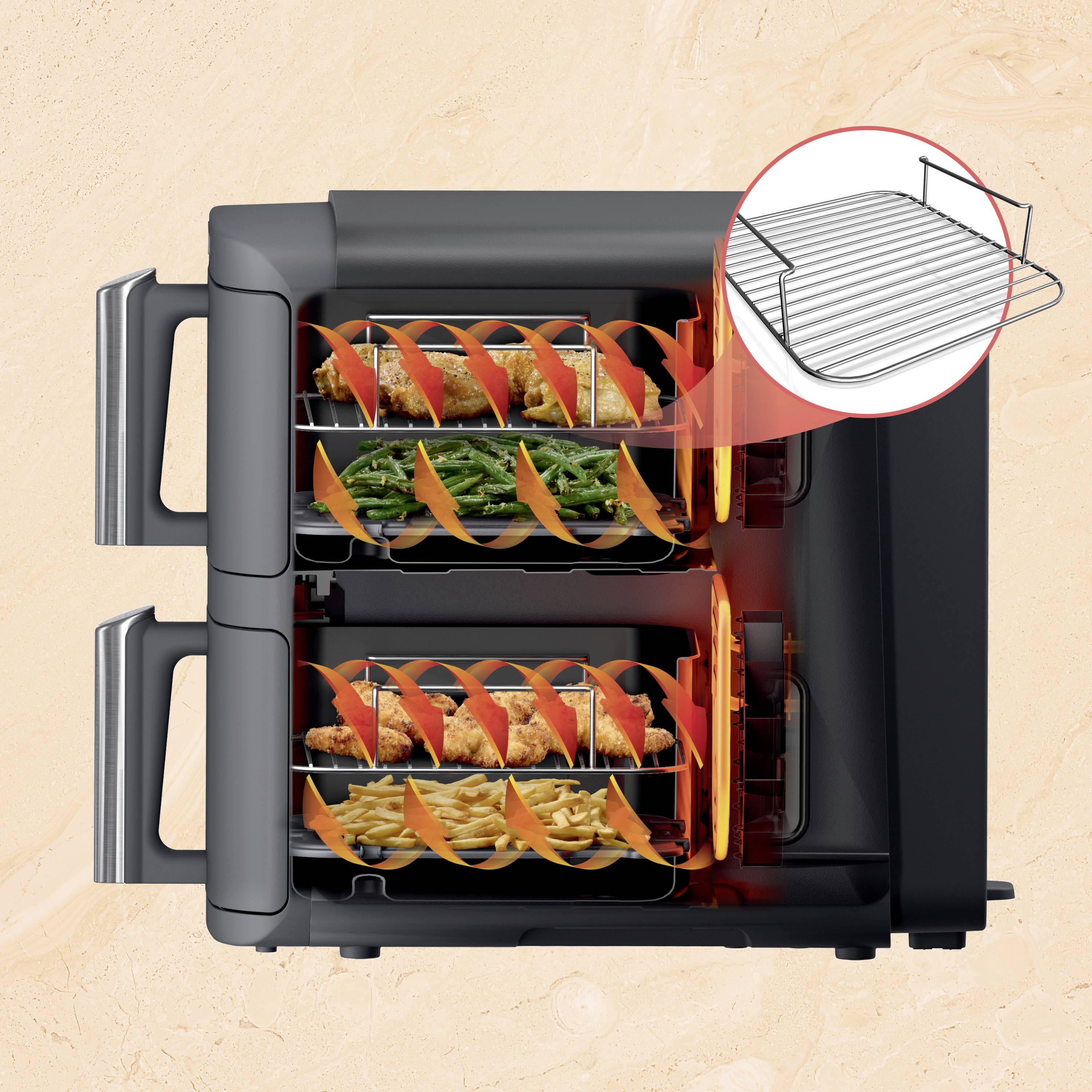 Ein Ofen zeigt zwei Ebenen mit zirkulierender Heißluft, auf denen Pommes und Gemüse garen. Ein Rost wird hervorgehoben.