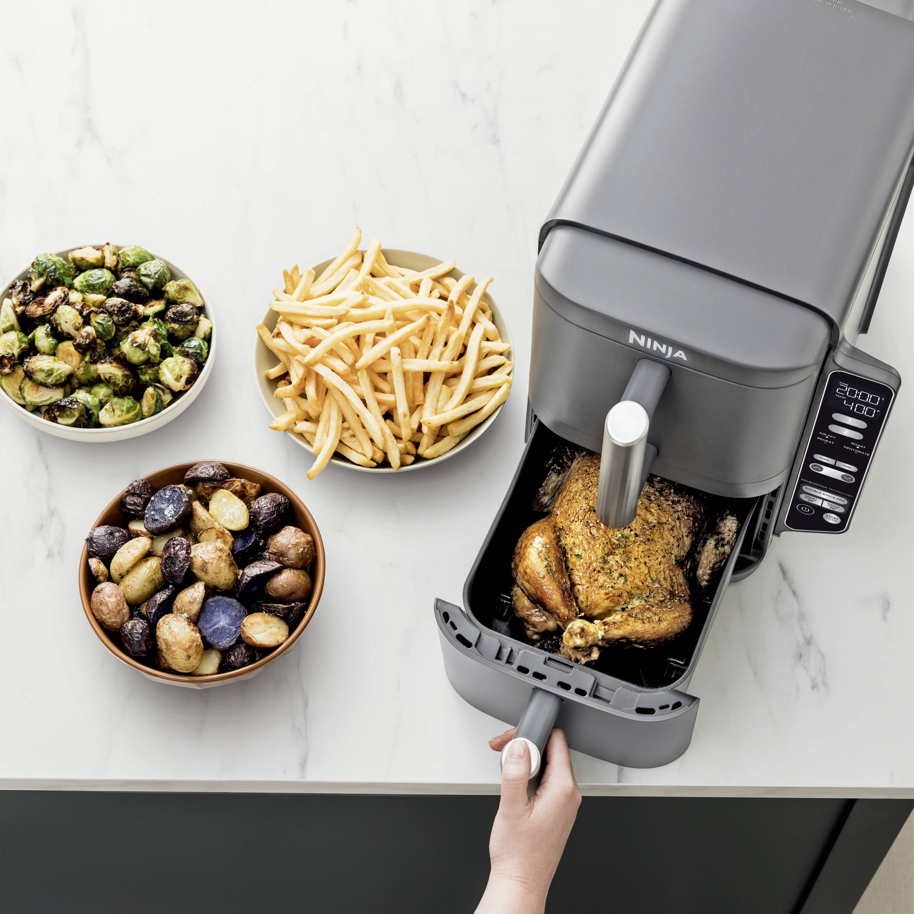 Eine Hand bedient eine Heißluftfritteuse mit einem gebratenen Hähnchen. Daneben Teller mit Pommes, Rosenkohl und Kartoffeln.