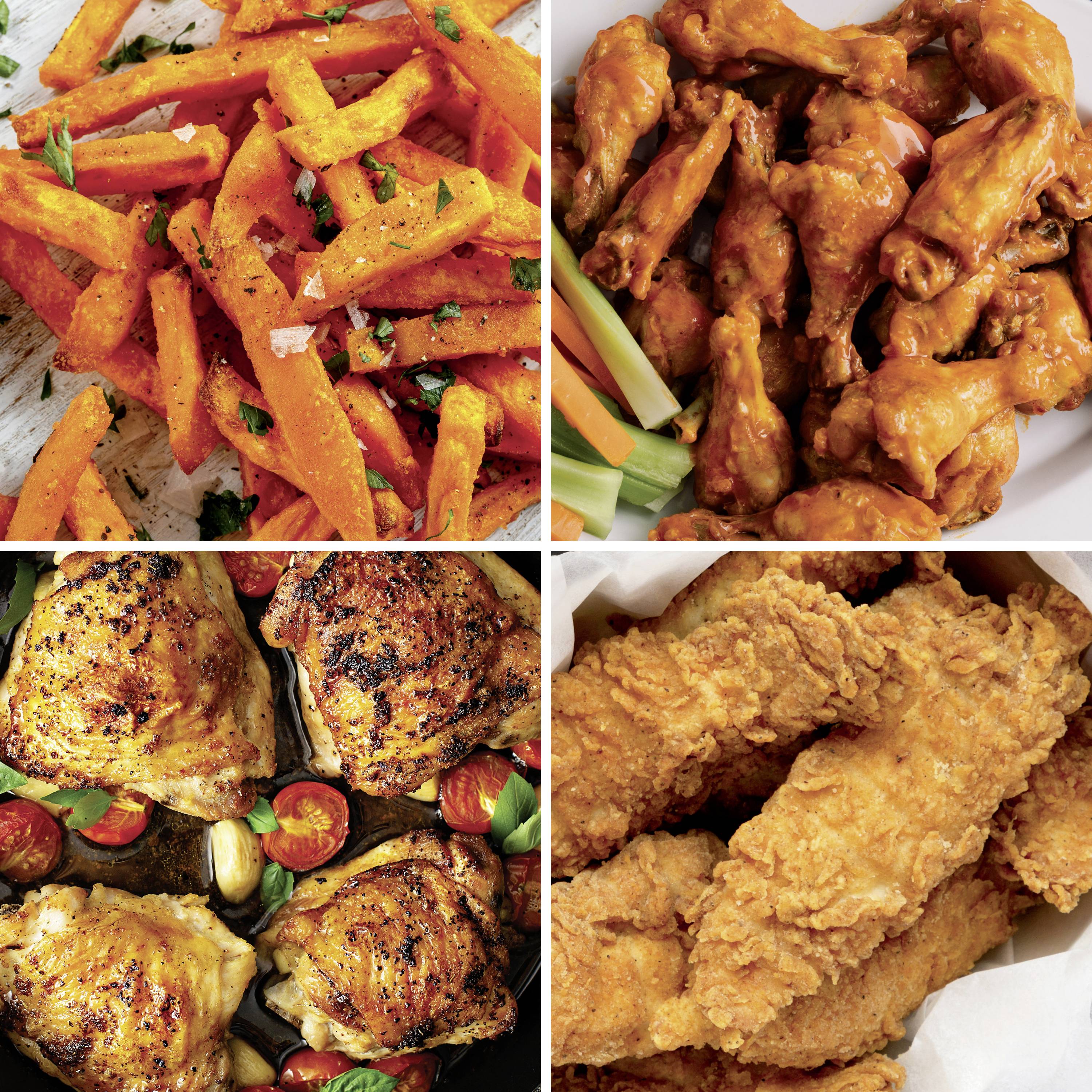 Süßkartoffelpommes mit Kräutern, würzige Hähnchenflügel, gebackene Hühnerschenkel mit Knoblauch und Tomaten, knuspriges Frittierhähnchen.