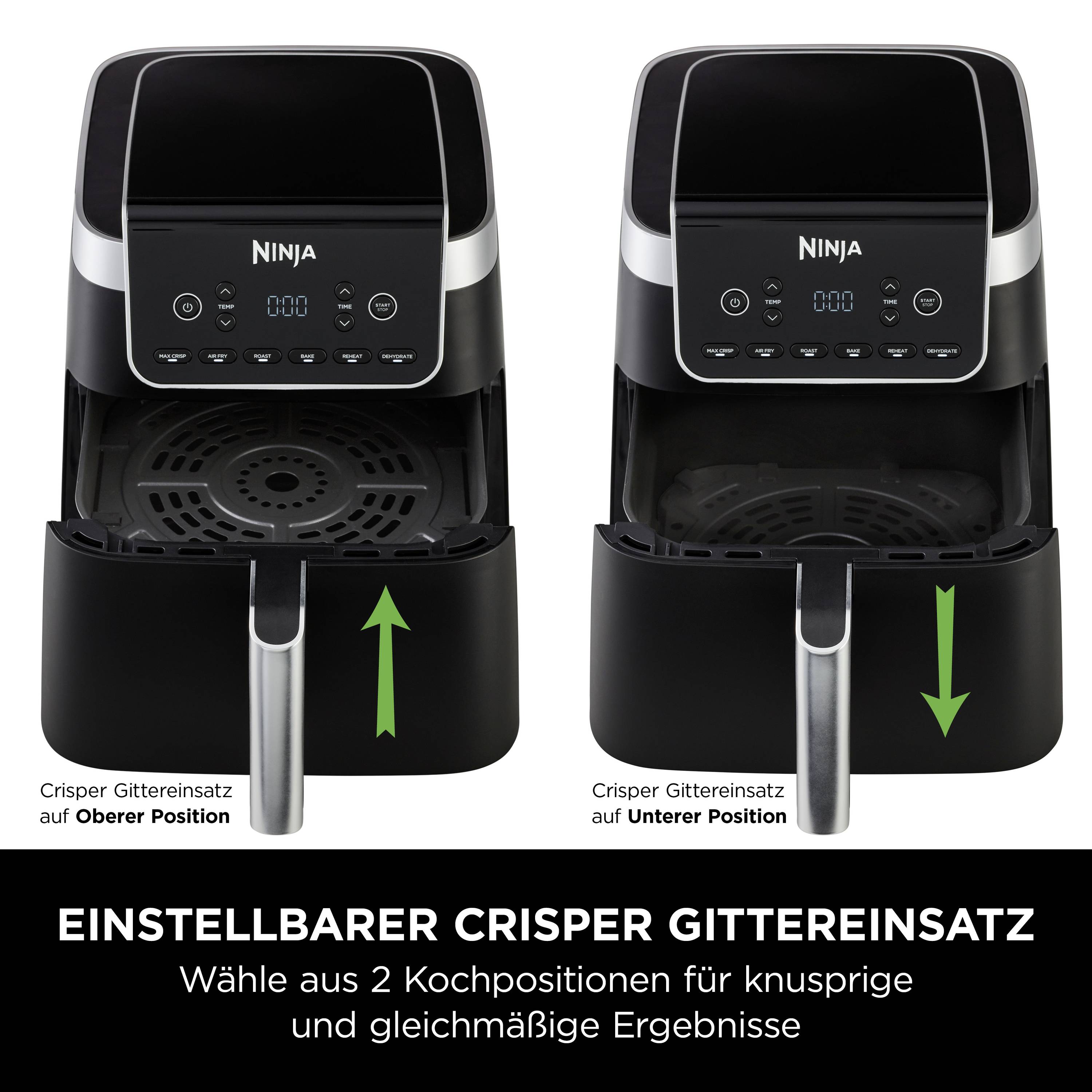 Zwei Airfryer mit einstellbarem Crisper-Gittereinsatz zeigen obere und untere Positionen zur Auswahl für gleichmäßige Ergebnisse.