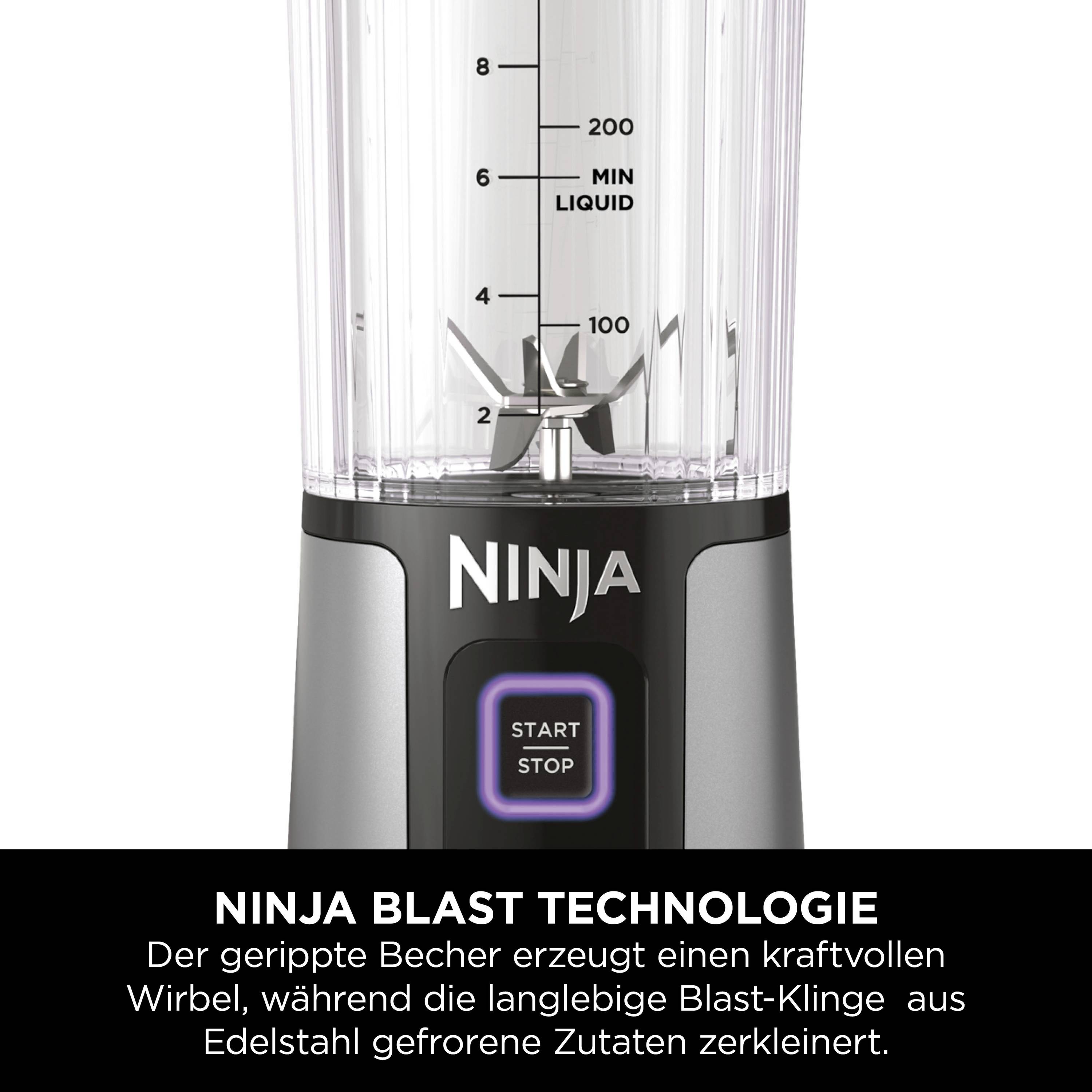 Ein Mixer mit der Aufschrift 'Ninja'. Der Text darunter erklärt die 'Ninja Blast Technologie' zur Zerkleinerung gefrorener Zutaten.