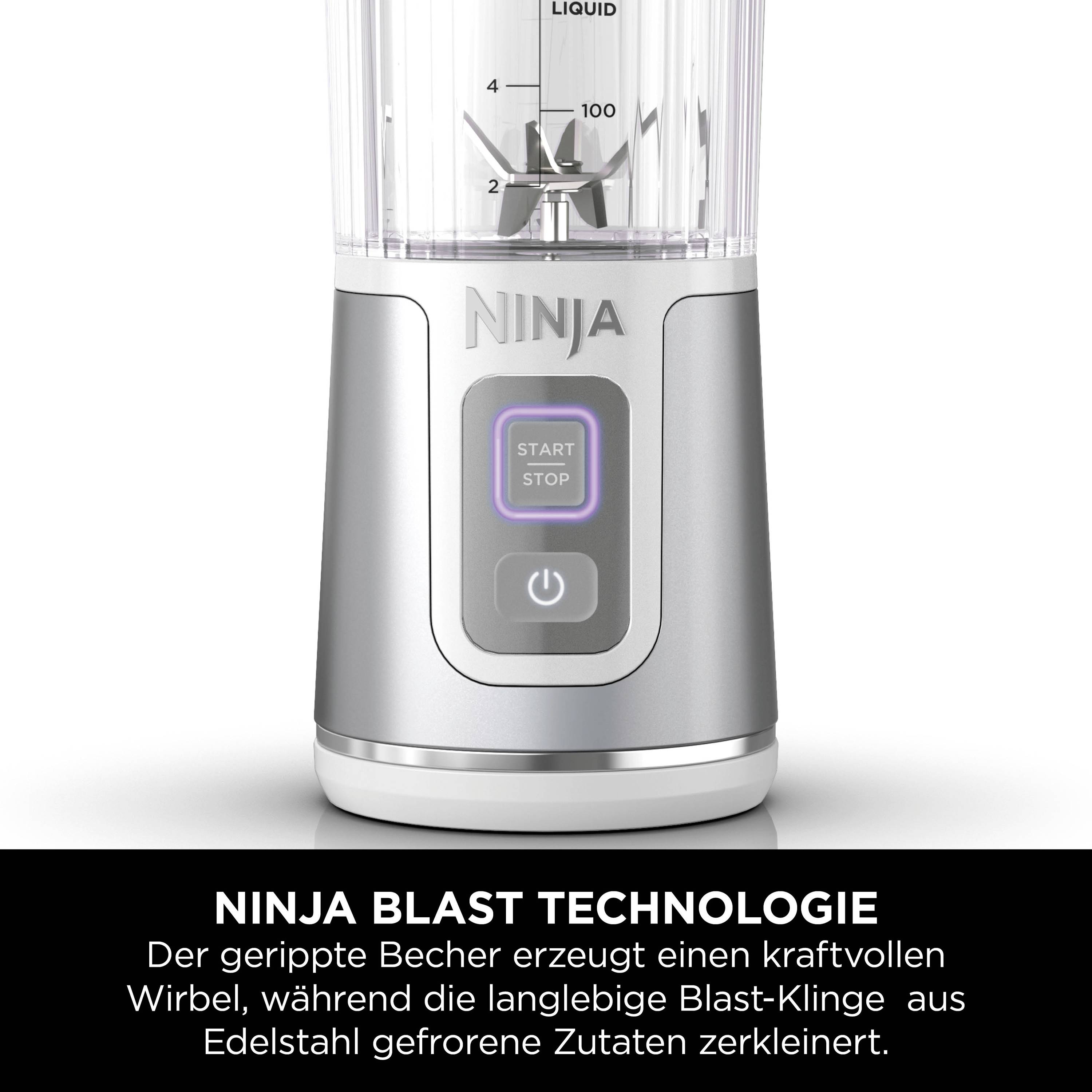 'Ninja Blast Technologie' Mixer mit geripptem Becher und Edelstahl-Blast-Klinge, betont kraftvolle Wirbel für glatte Zutatenmischung.