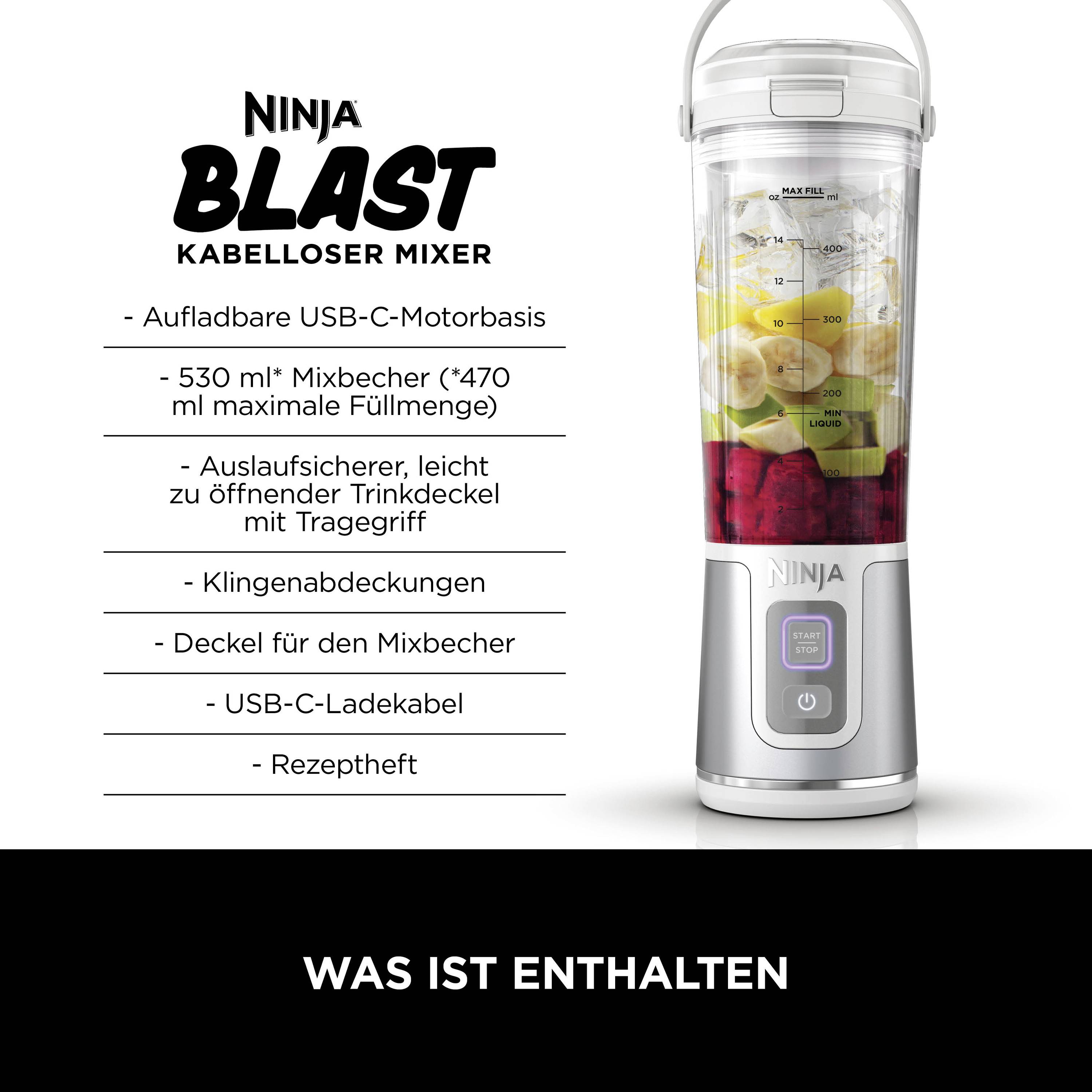 Ein tragbarer Mixer mit Zutaten im Behälter. Auflistung der Merkmale: USB-C-Motorbasis, 530 ml Kapazität, auslaufsicherer Deckel. Enthalten: Mixer, Deckel, Kabel.