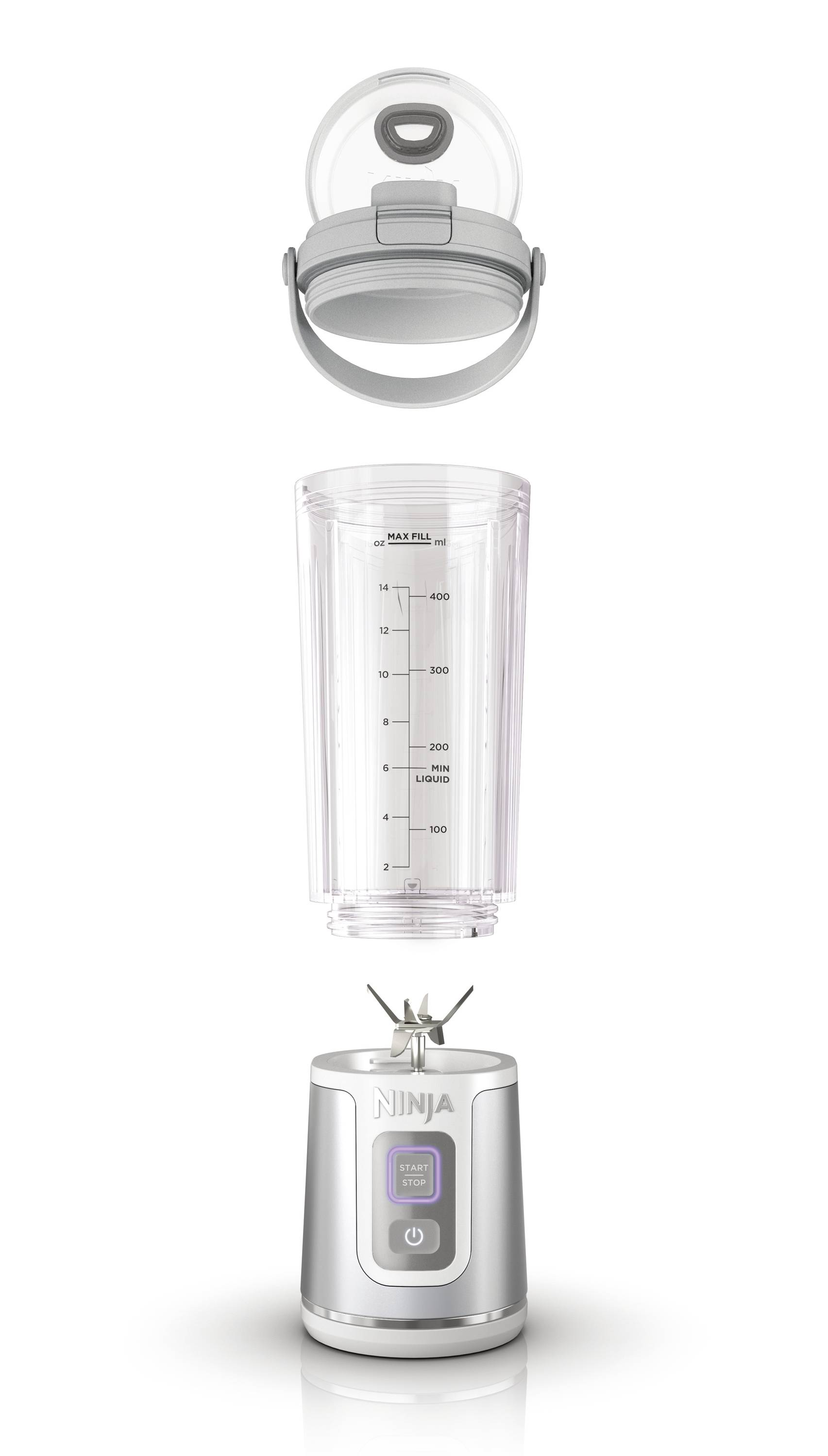 Ein Mixer mit abnehmbarem Becher und Deckel. Becher hat eine Skala bis 650 ml. Geeignet für Smoothies und Säfte.