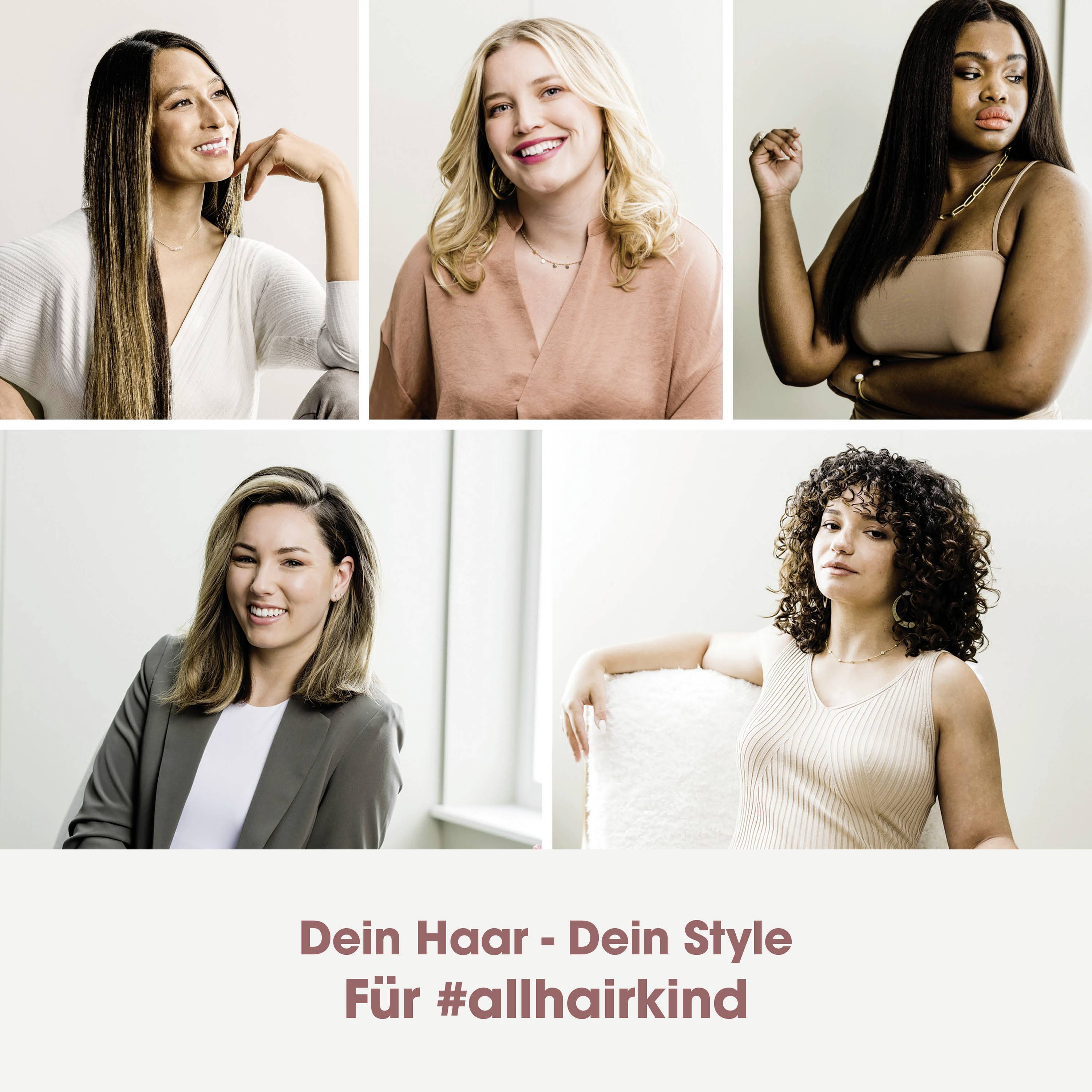 Sechs Frauen unterschiedlicher Haarstile lächeln in die Kamera. Text unten: 'Dein Haar - Dein Style Für #allhairkind'.